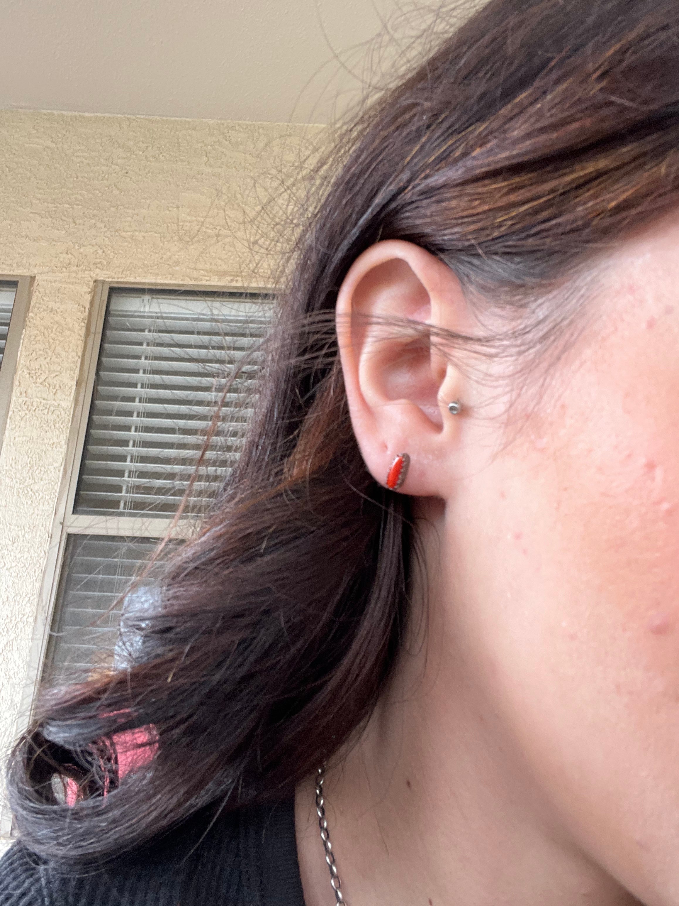 Navajo Made Mediterranean Coral & Sterling Silver Post Earrings