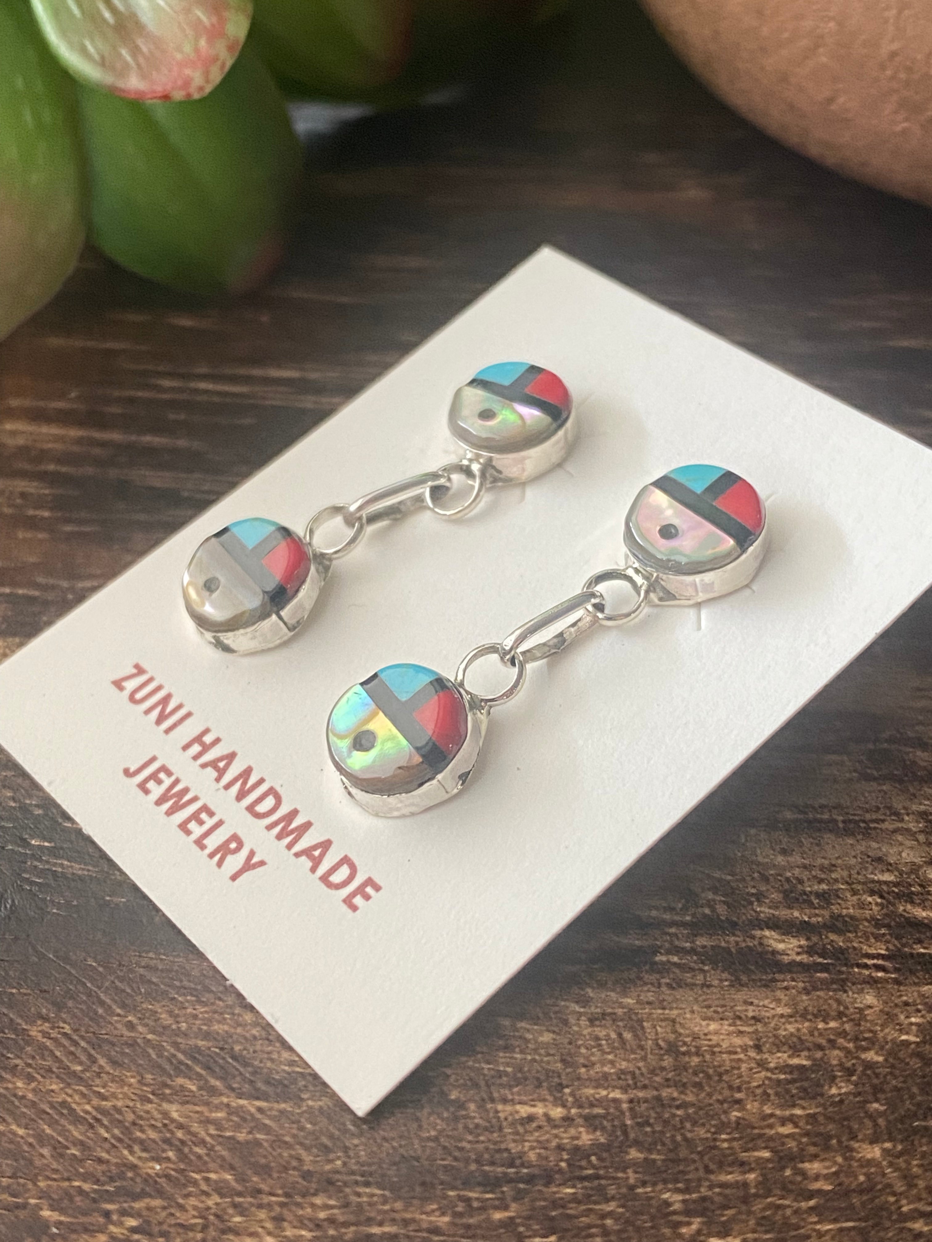 Zuni Made Multi Stone & Sterling Silver Sunface Post Dangle Earrings