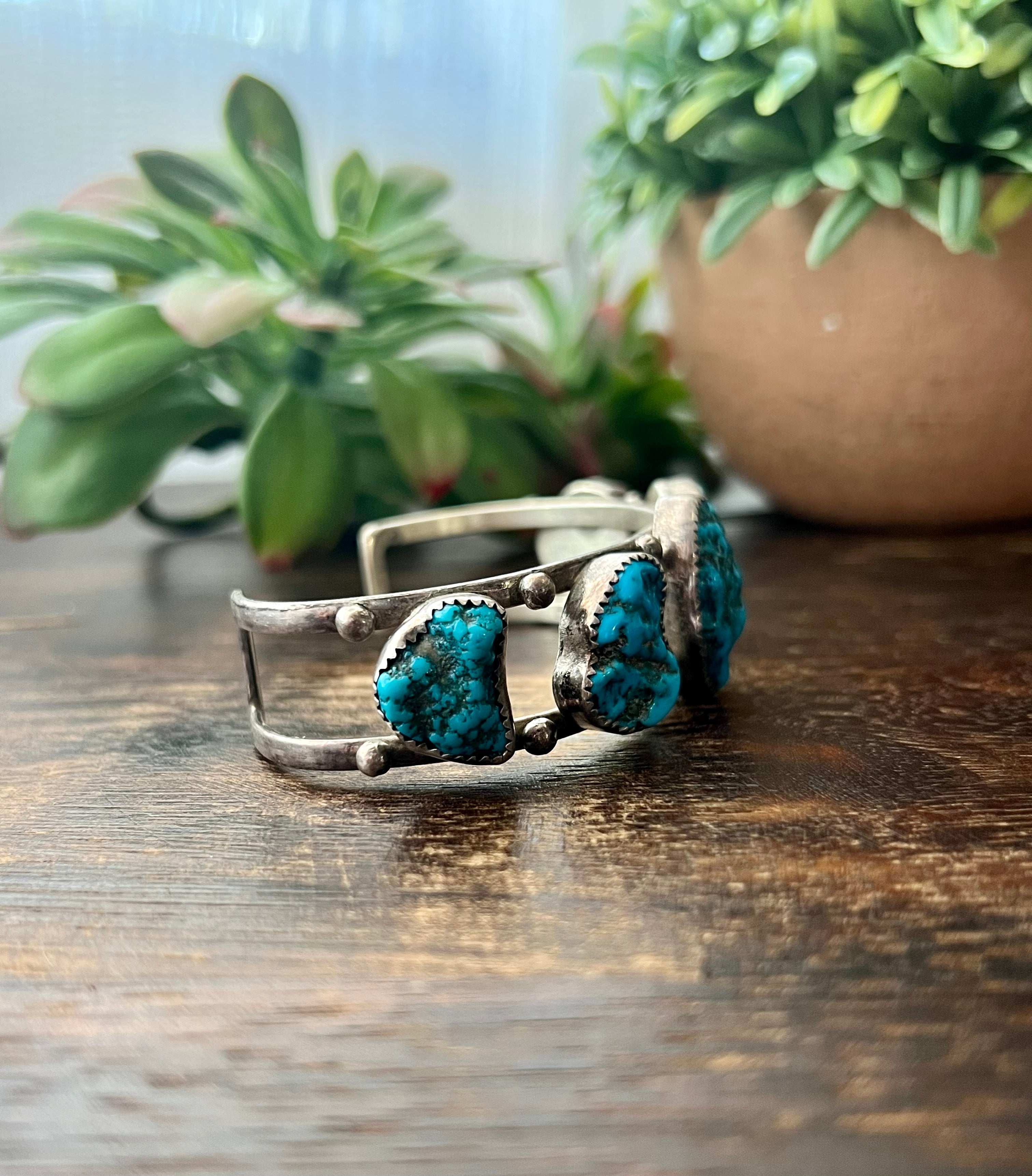 Vintage Navajo Made Kingman Turquoise & Sterling Silver Cuff Bracelets