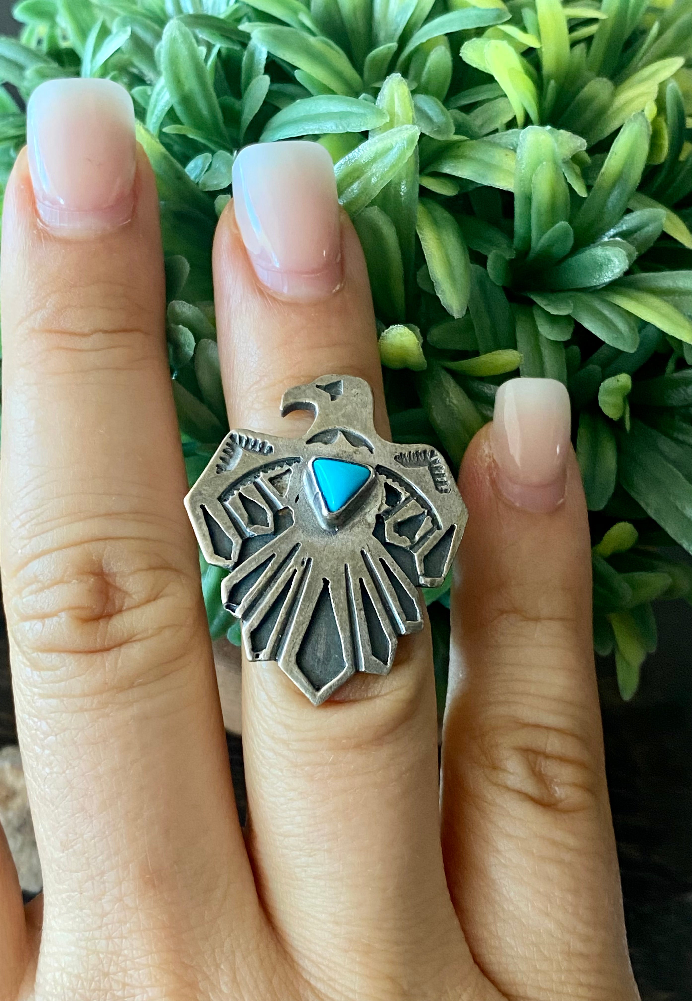 Navajo Turquoise & Sterling Silver Thunderbird Ring Size 5.5