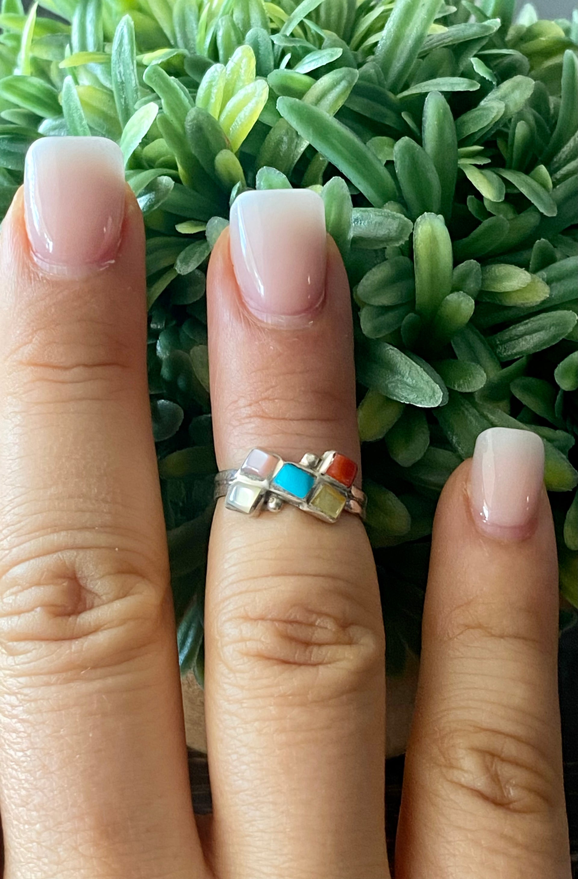 Navajo Made Multi Stone & Sterling Silver Inlay Ring Size 5