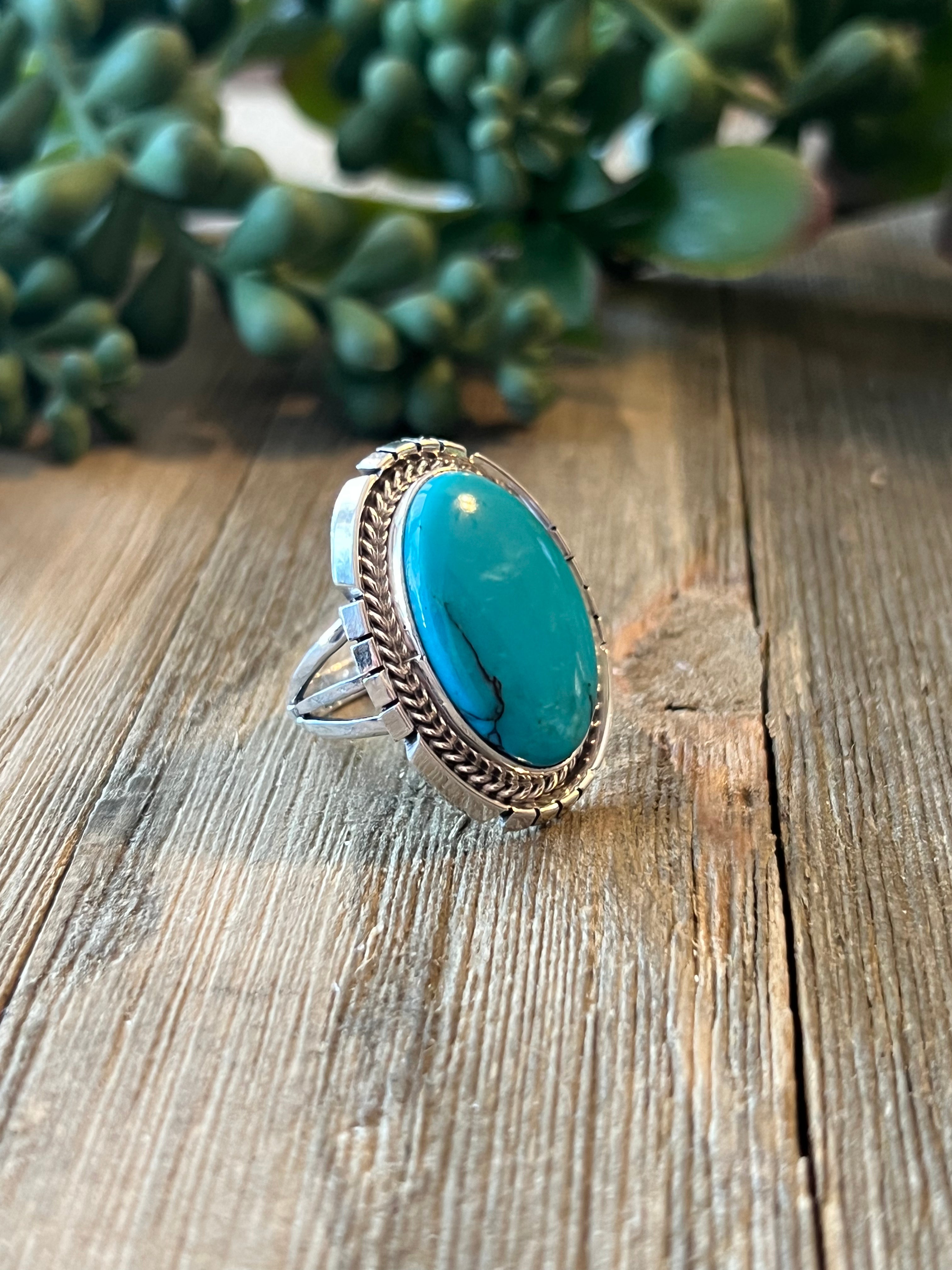 Navajo Made Kingman Turquoise & Sterling Silver Ring Size 6.75