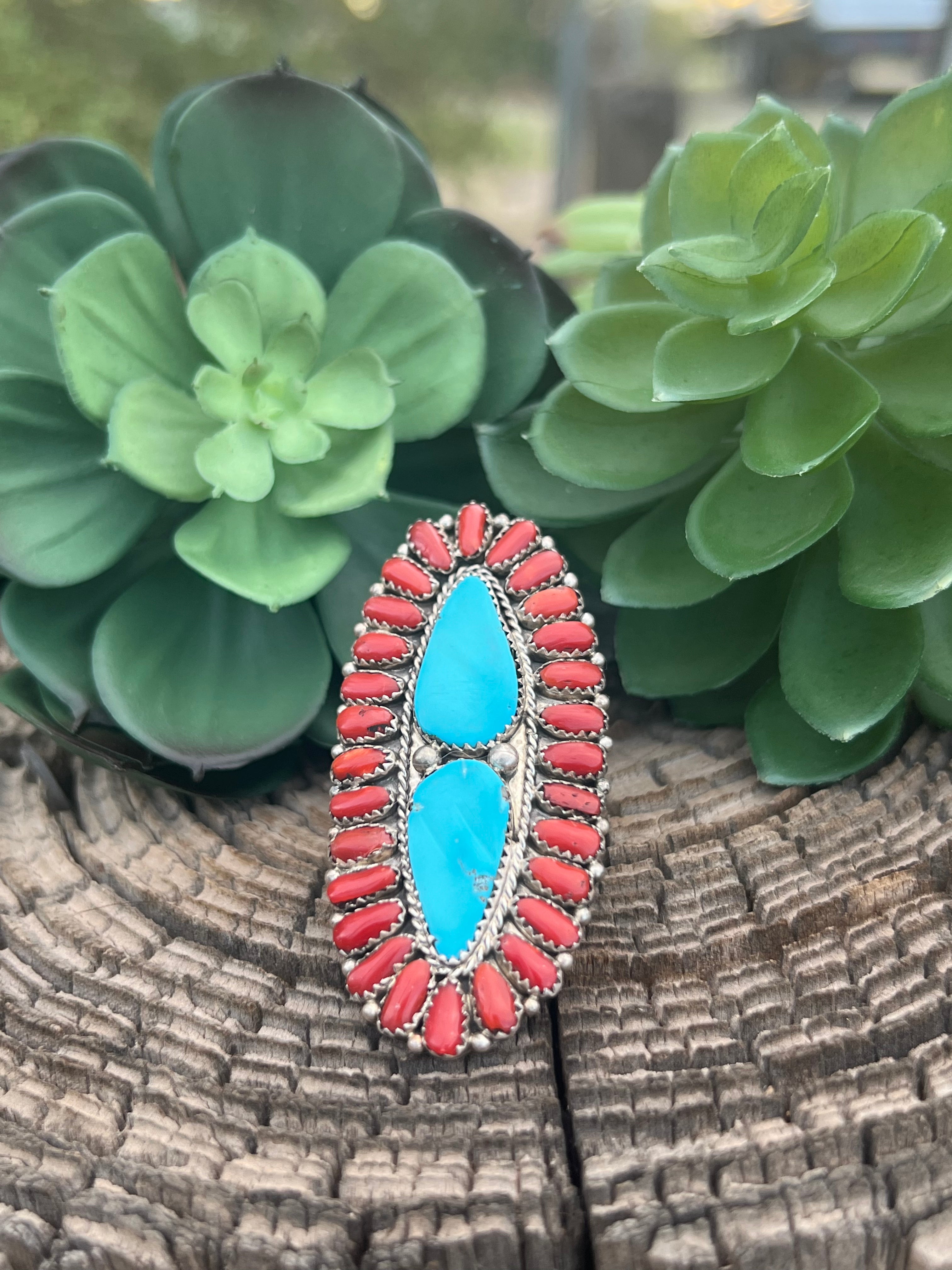 Navajo Stormy Mountain Turquoise & Natural Coral Sterling Silver Ring Size 8