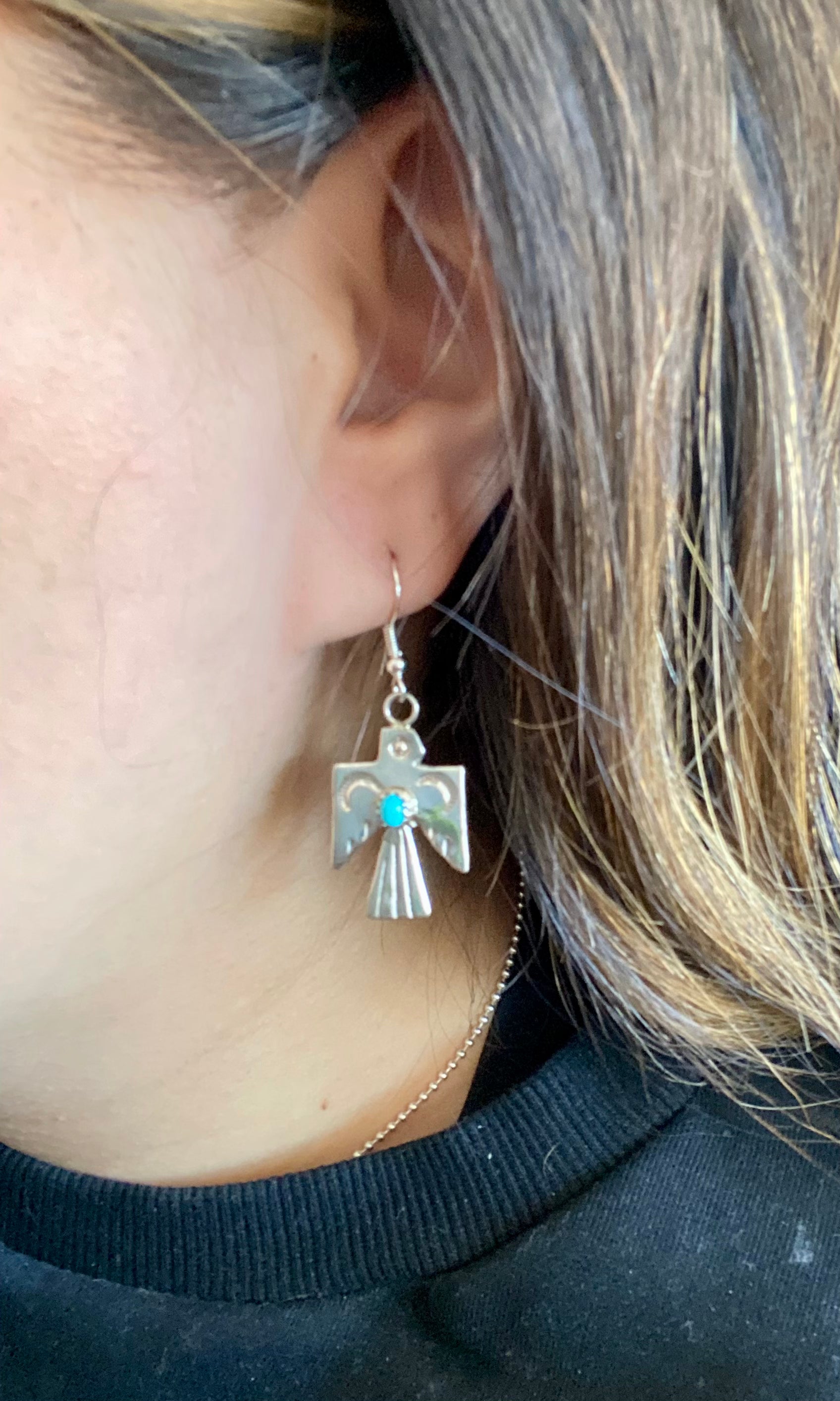 Navajo Made Turquoise & Sterling Silver Thunderbird Dangle Earrings