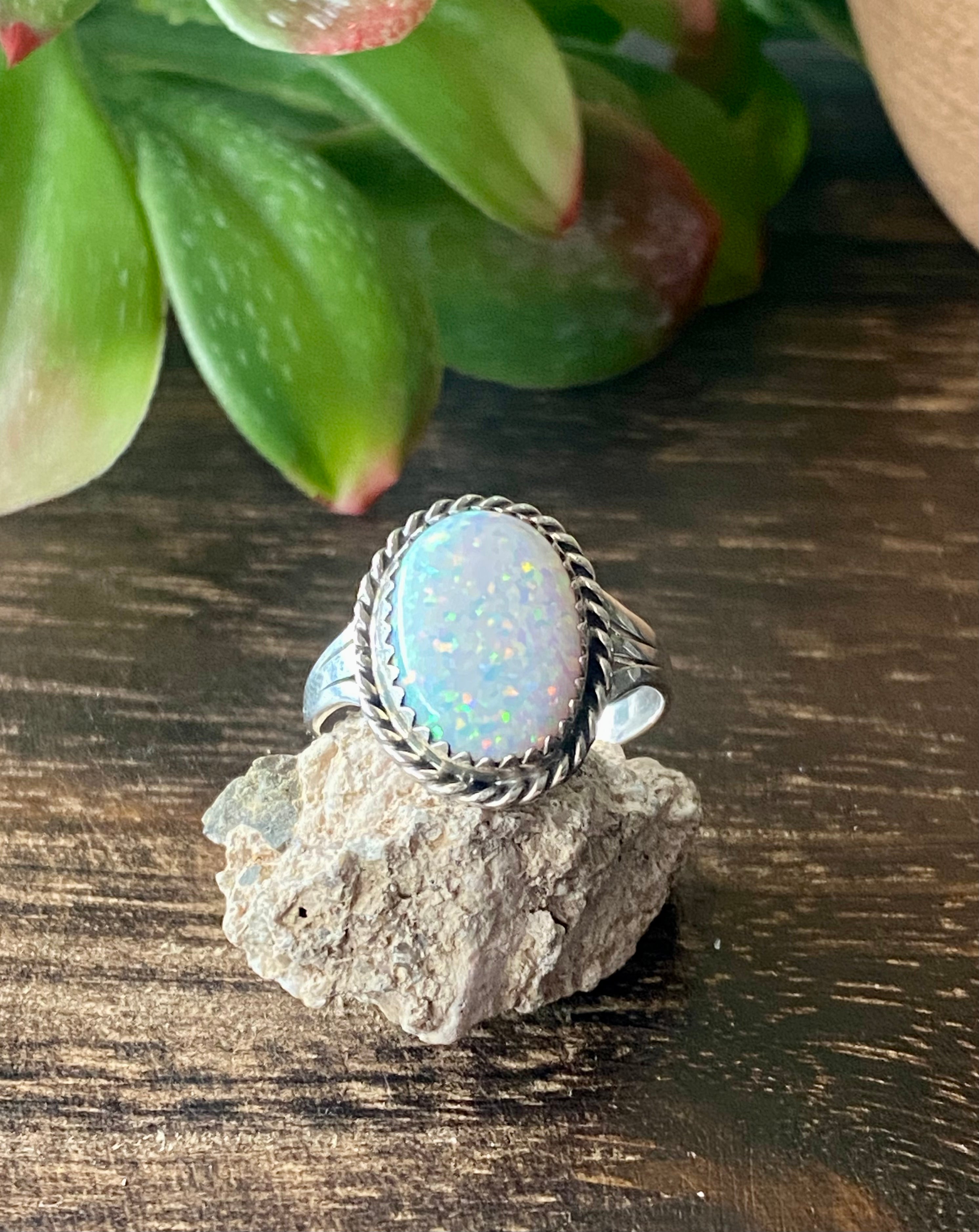 Navajo Made White Opal & Sterling Silver Ring Size 8.5