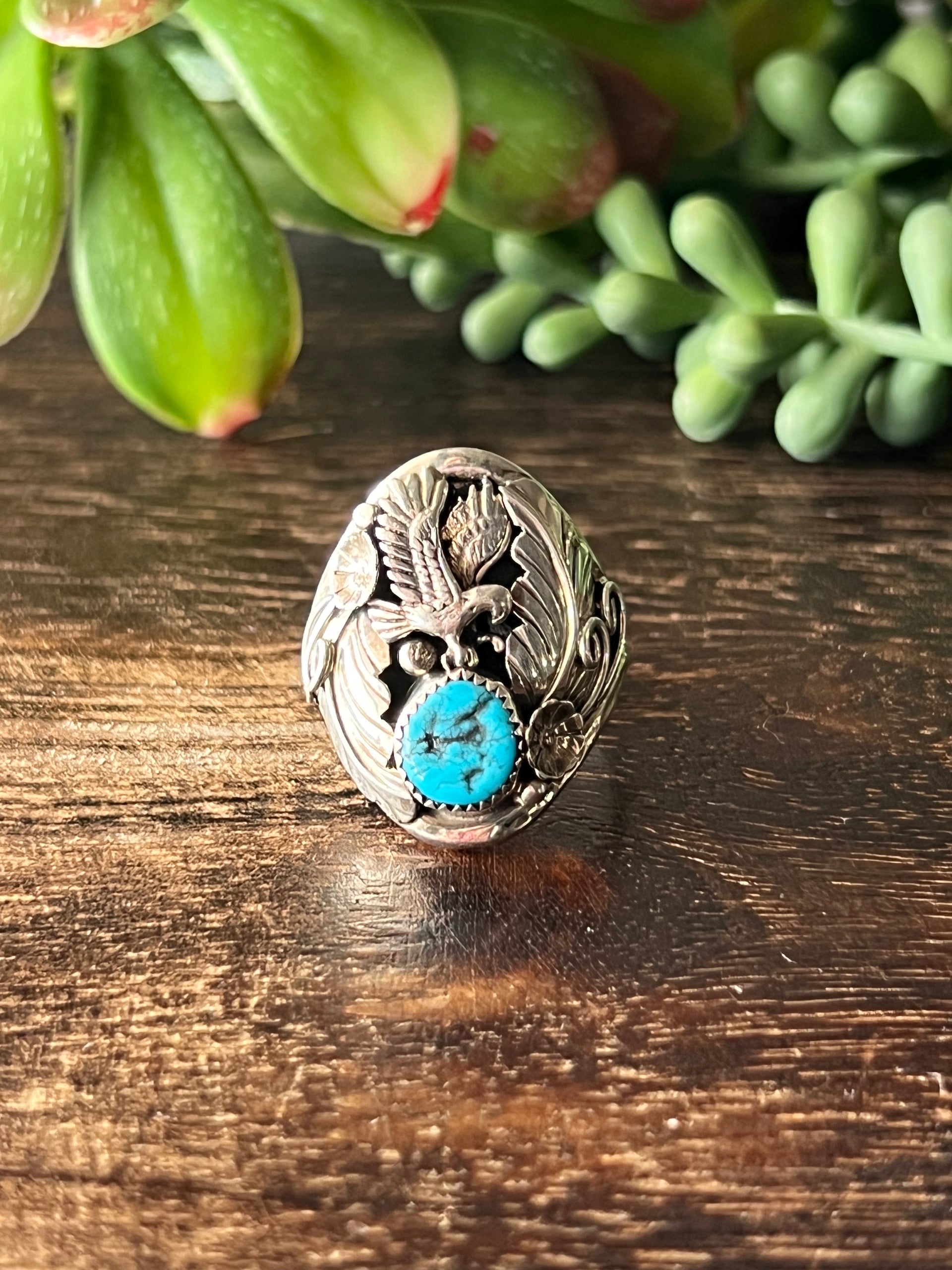 Tricia Leekety Kingman Turquoise & Sterling Silver Ring Size 11.75