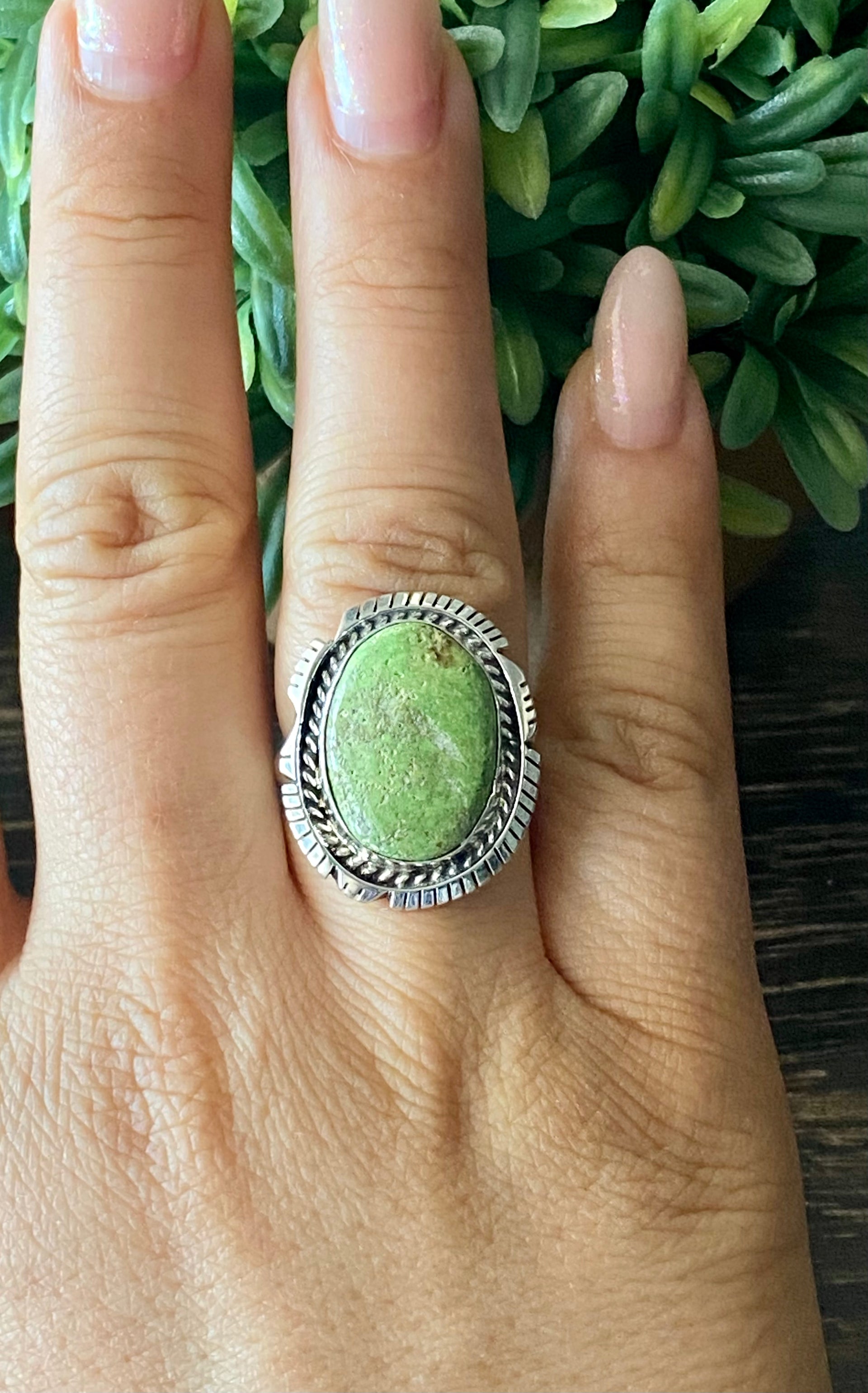 Navajo Made Australian Gaspeite & Sterling Silver Ring Size 8.75