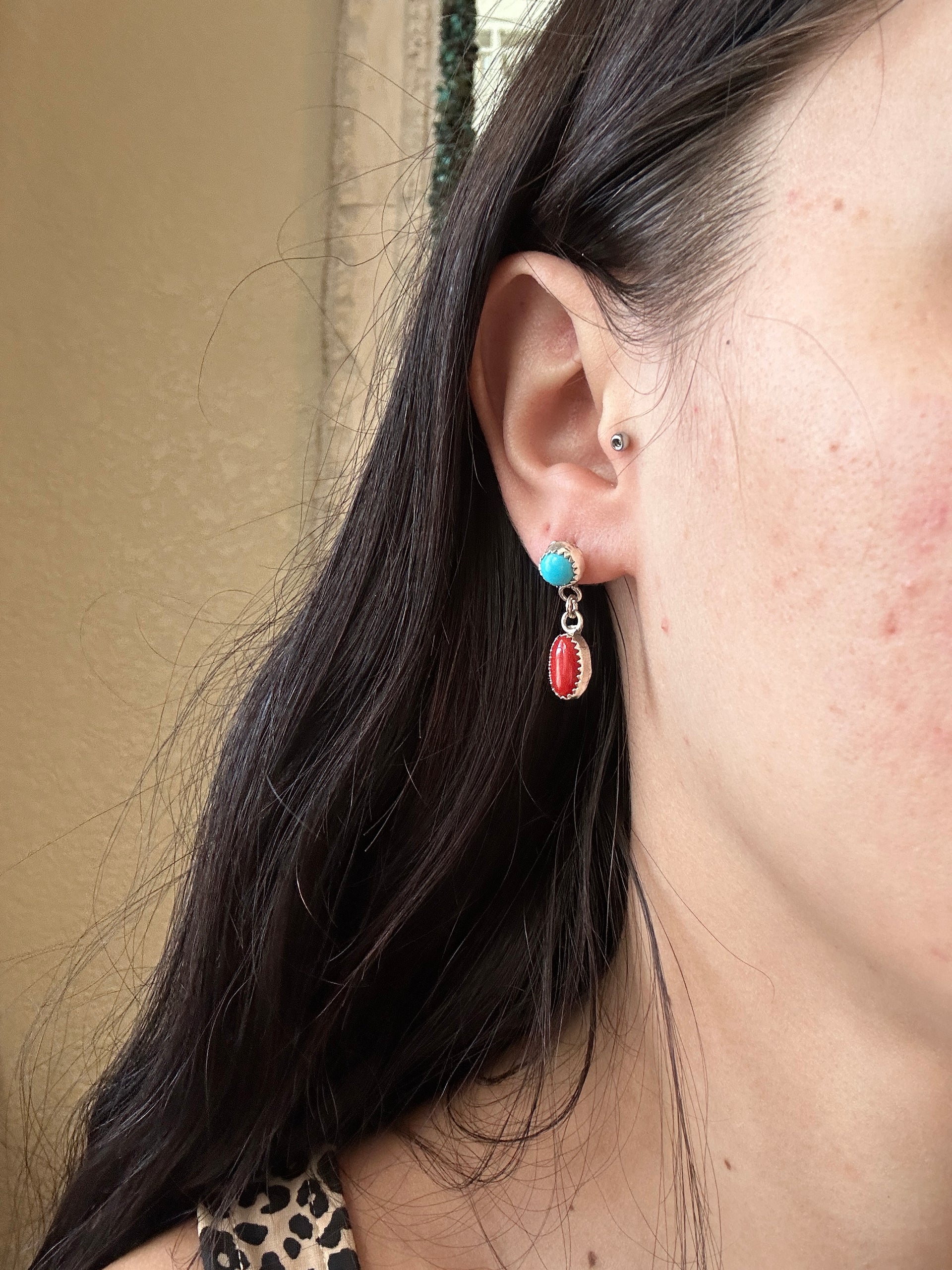 Navajo Made Multi Stone & Sterling Silver Post Dangle Earrings