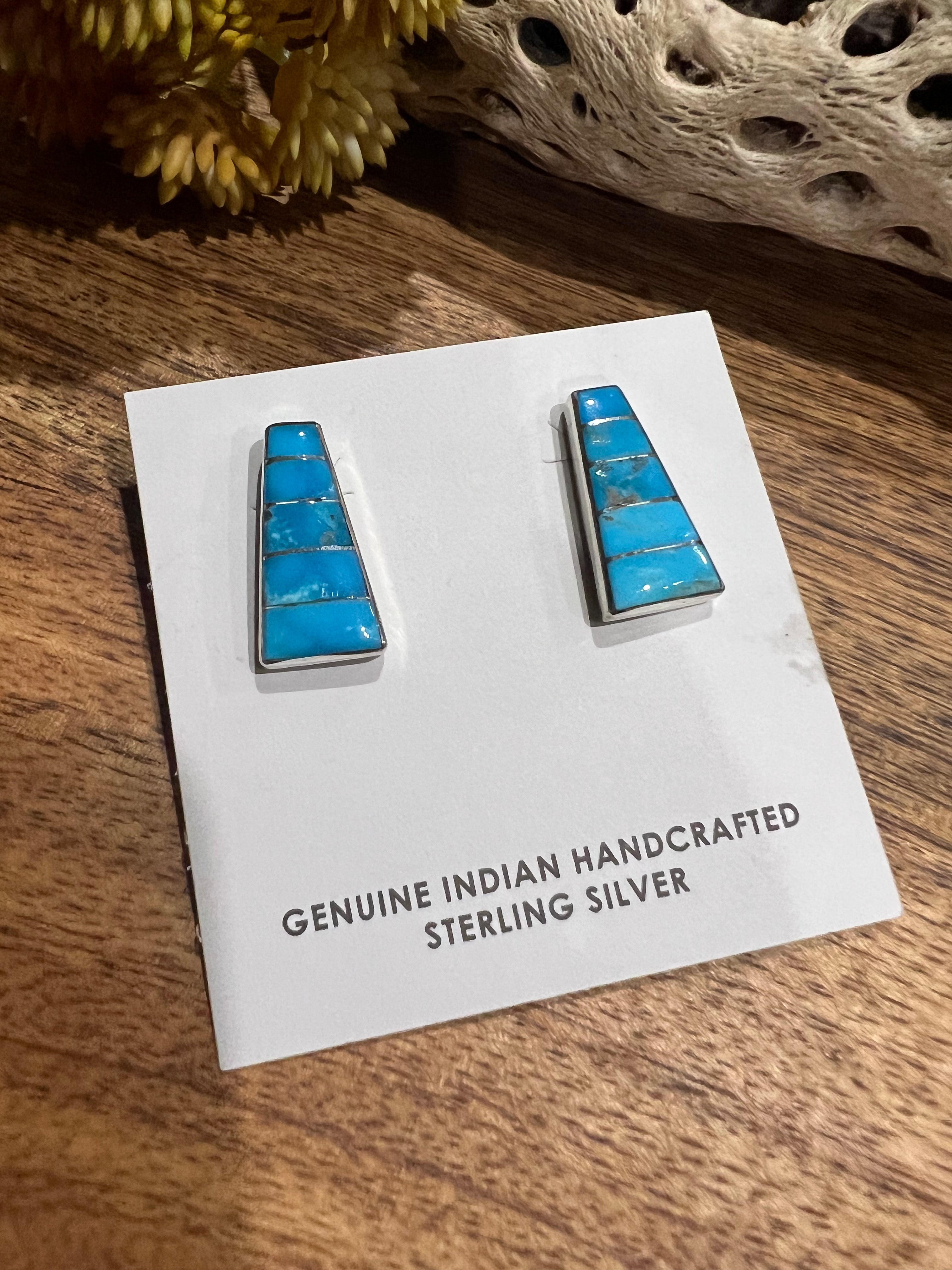 Zuni Made Kingman Turquoise & Sterling Silver Inlay Post Earrings