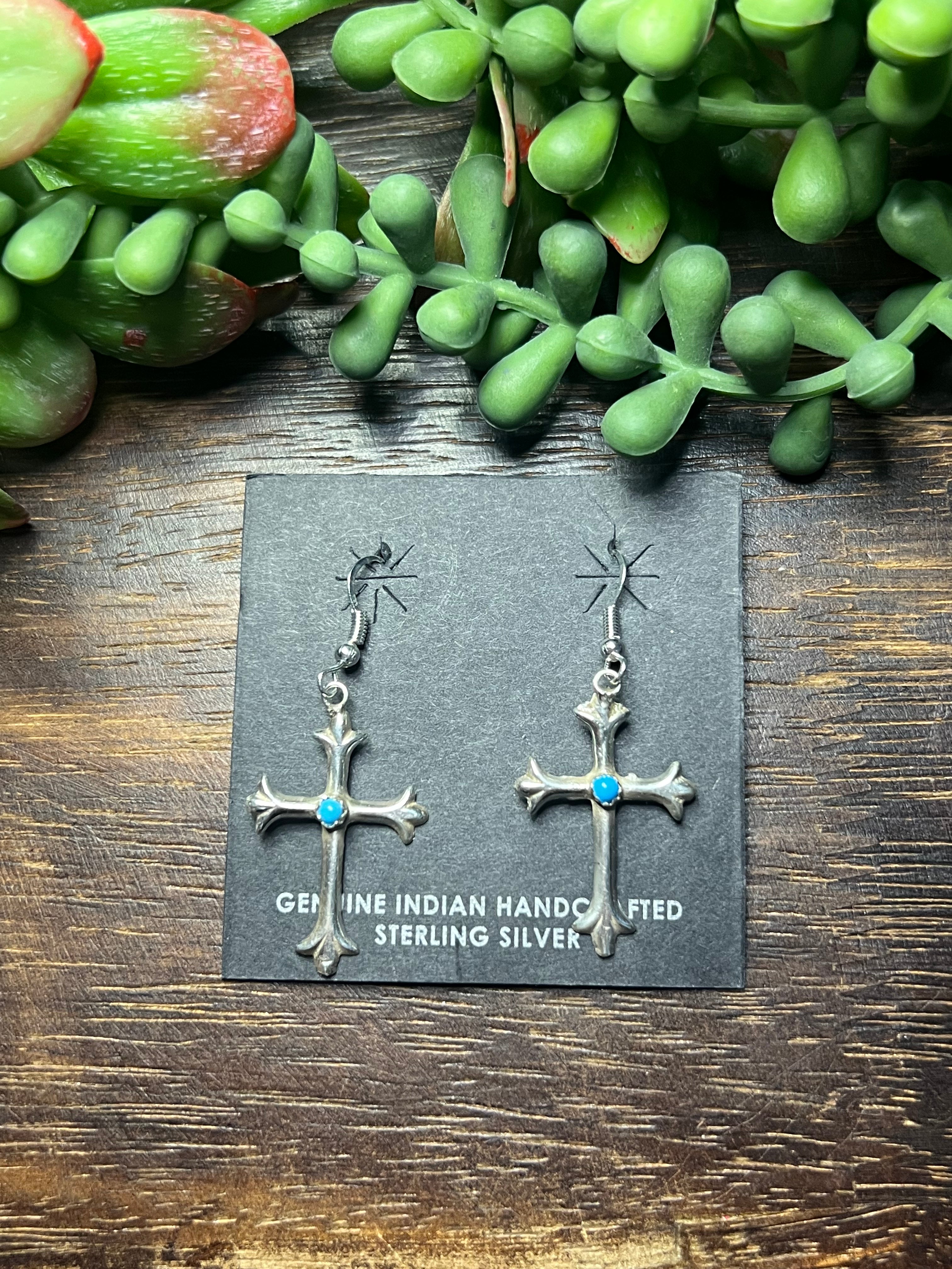 Navajo Made Kingman Turquoise & Sterling Silver Cross Dangle Earrings