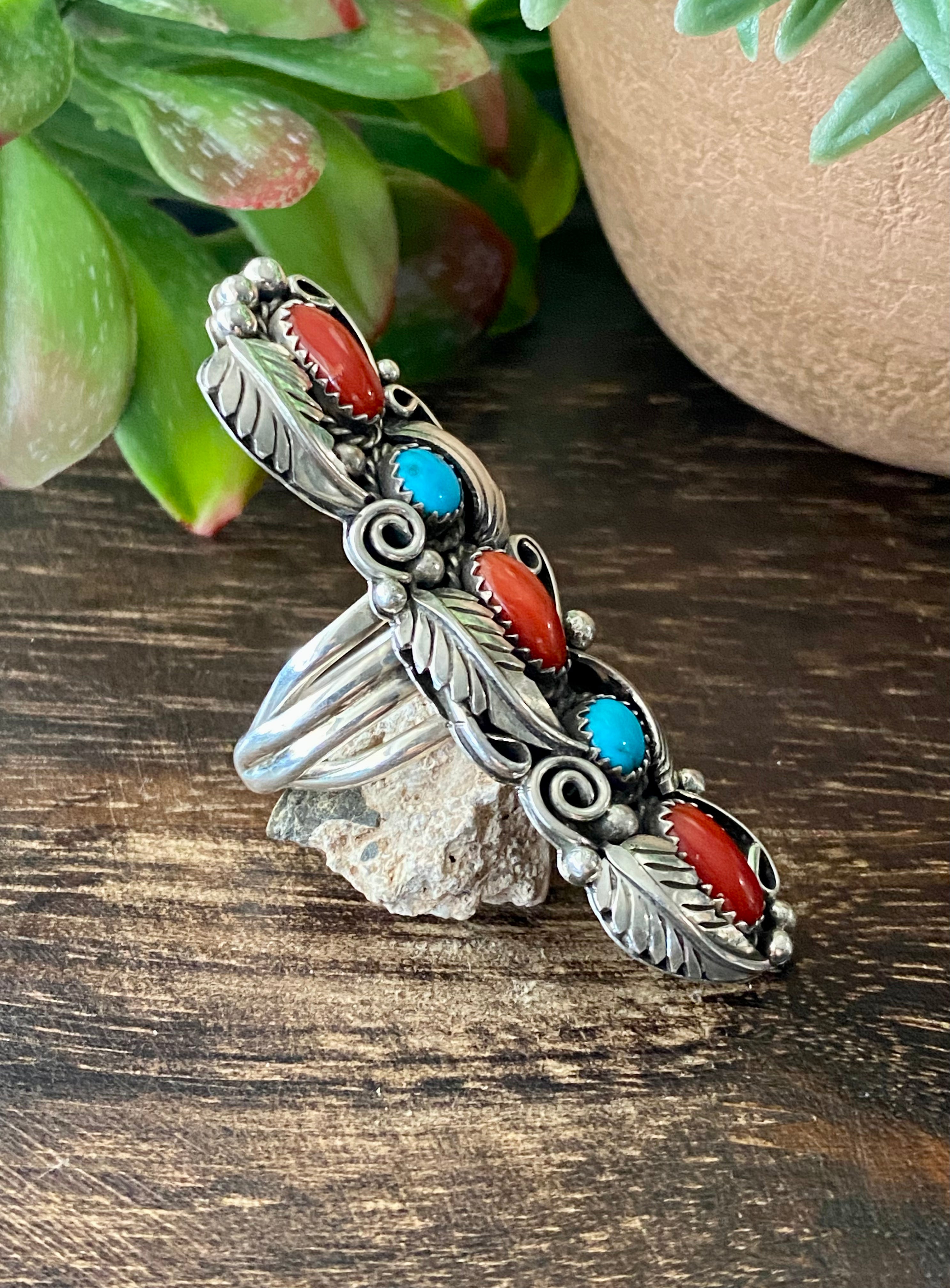 Navajo Made Kingman Turquoise & Coral Sterling Silver Adjustable Ring Size 8.5