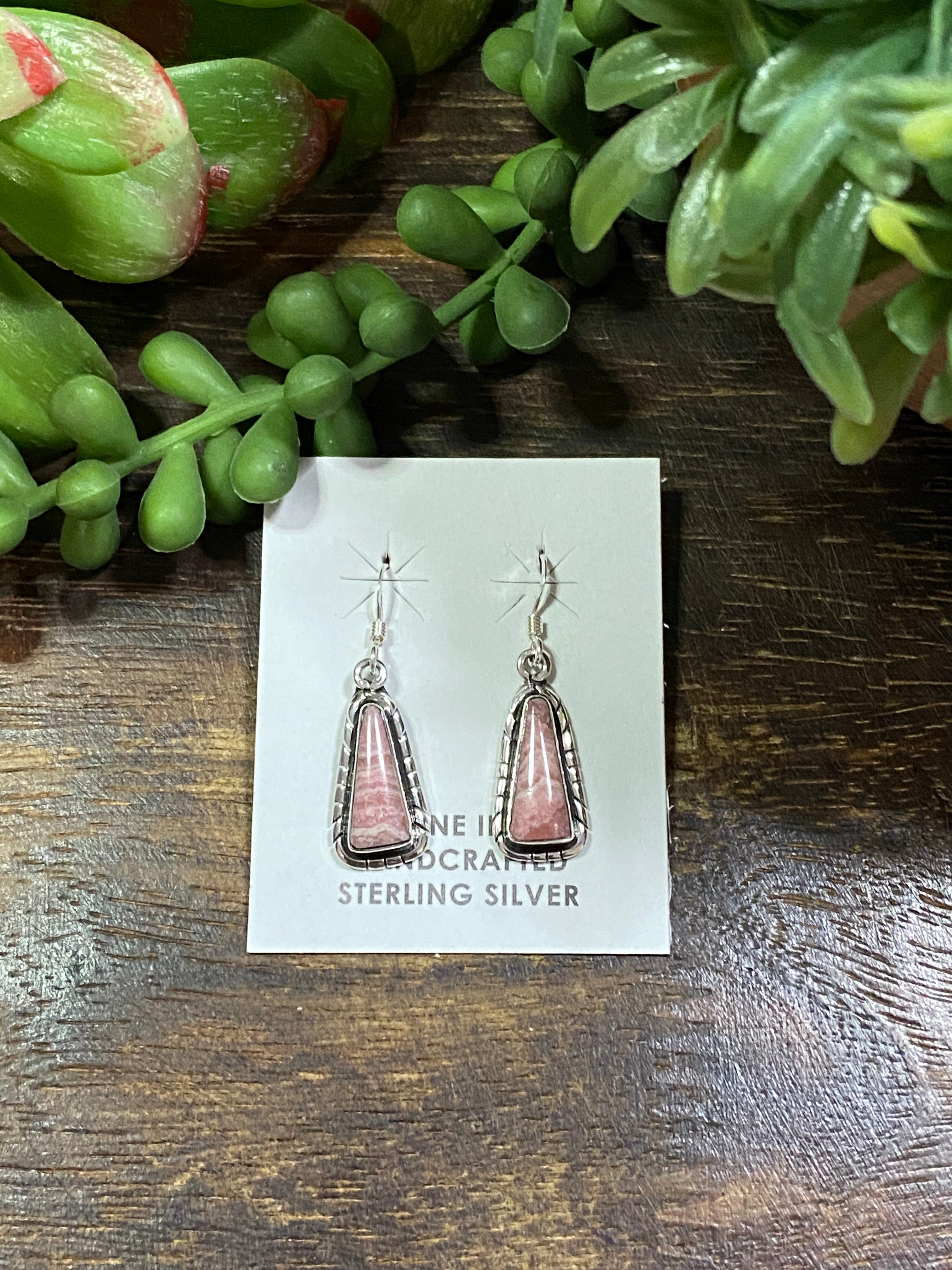 Navajo Made Rhodochrosite & Sterling Silver Dangle Earrings