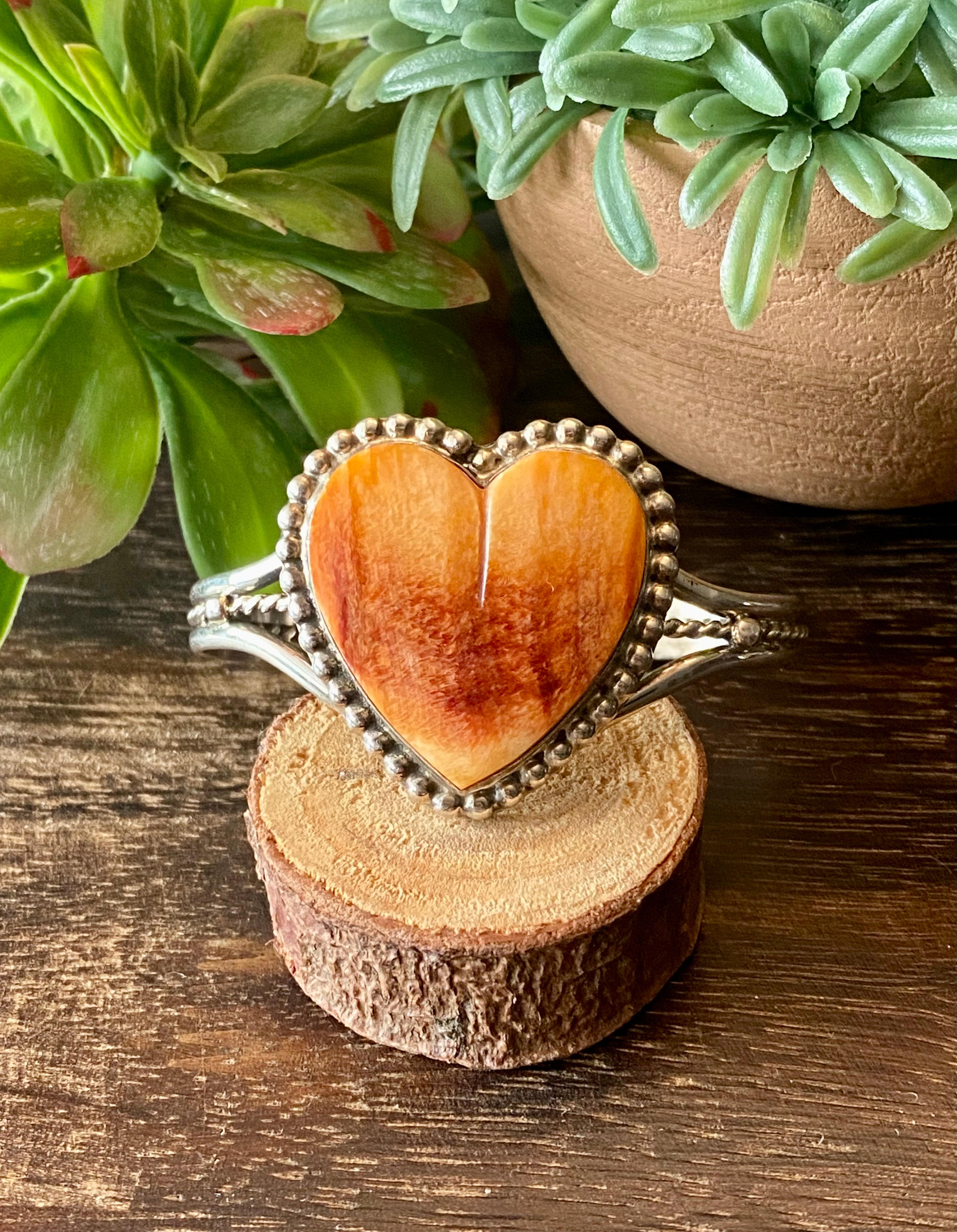 Navajo Made Spiny Oys & Sterling Silver Heart Cuff Bracelet