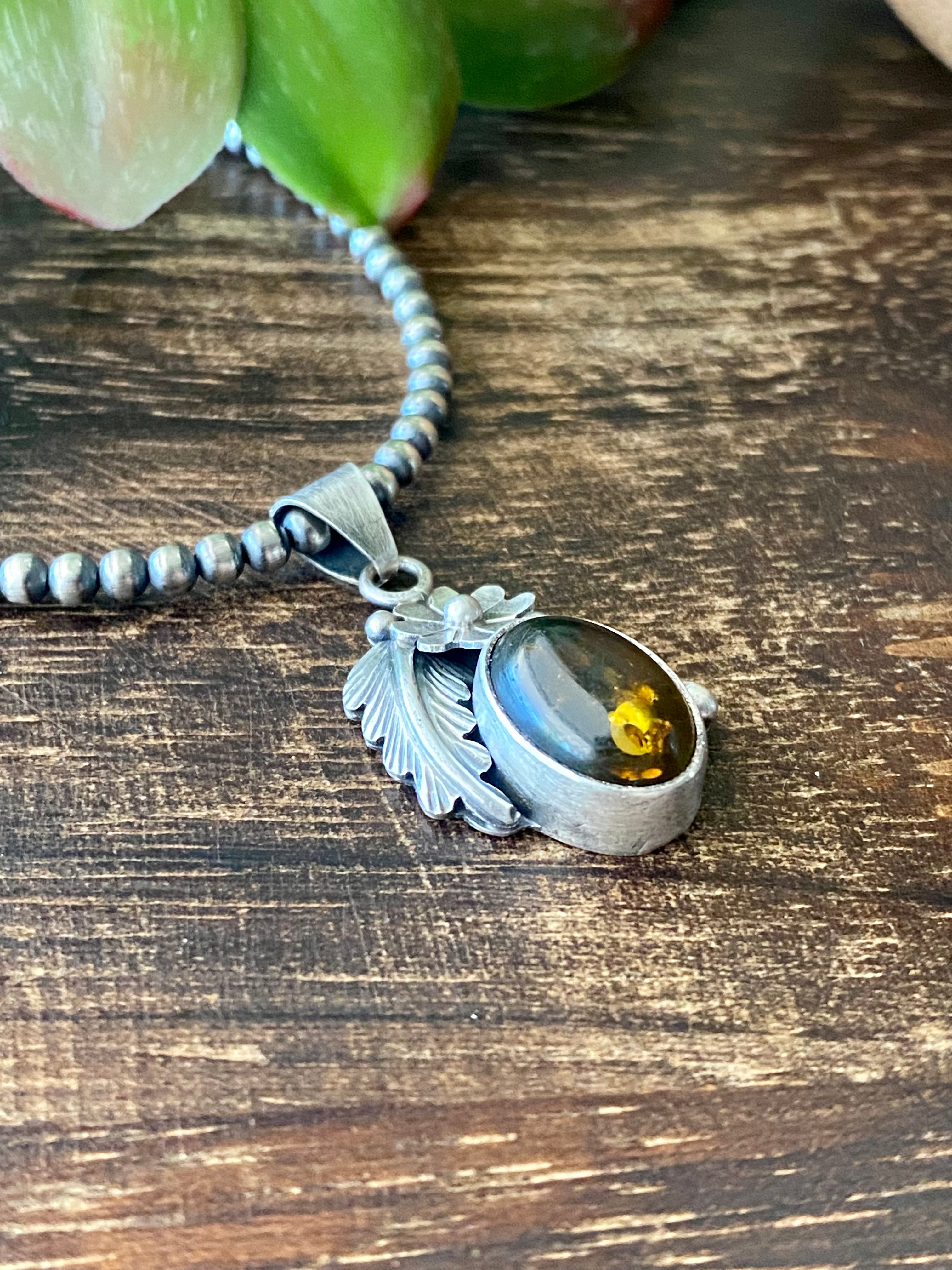 Navajo Made Amber & Sterling Silver Pendant