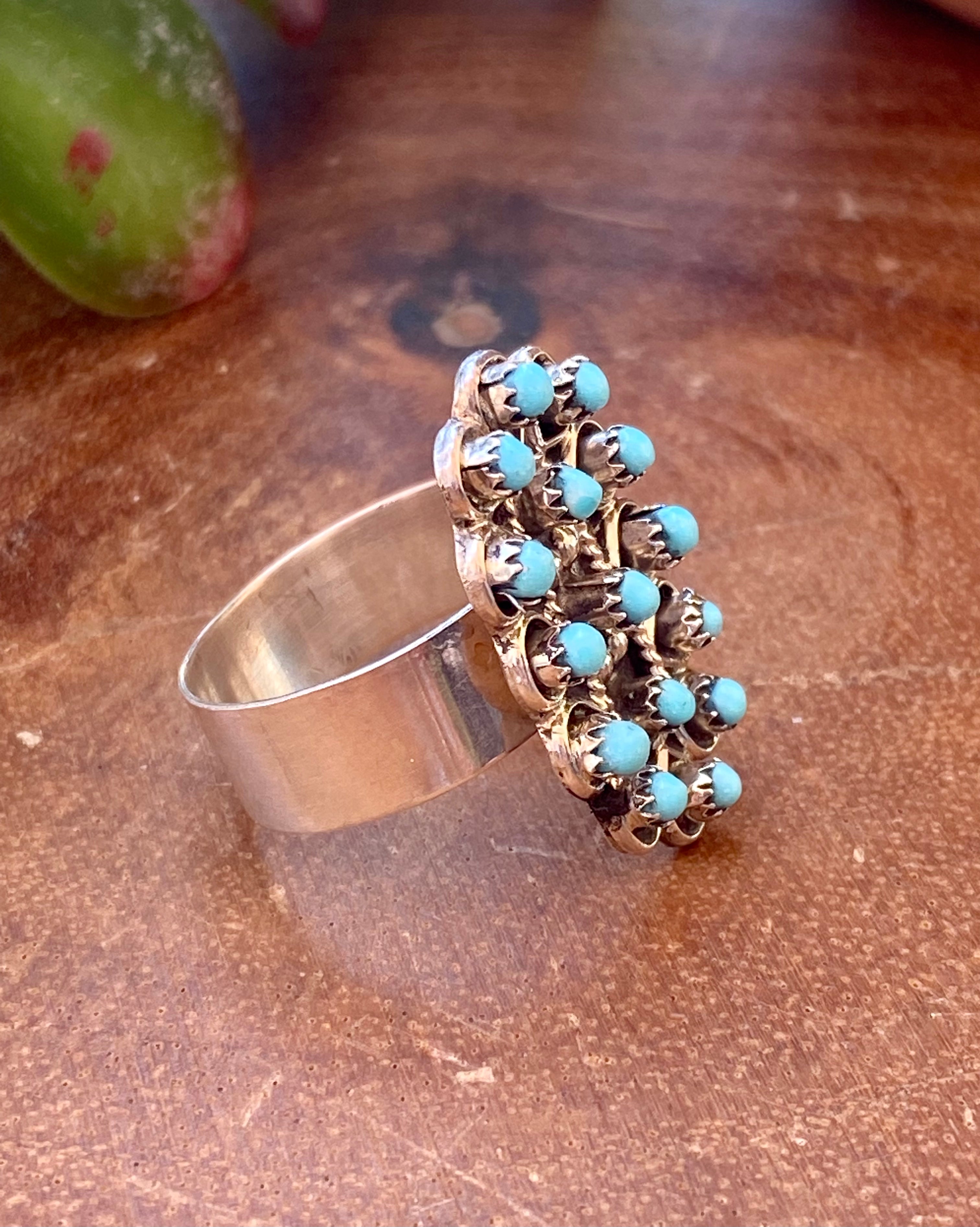 Navajo Made Turquoise & Sterling Silver Petit Point Ring Size 8.25