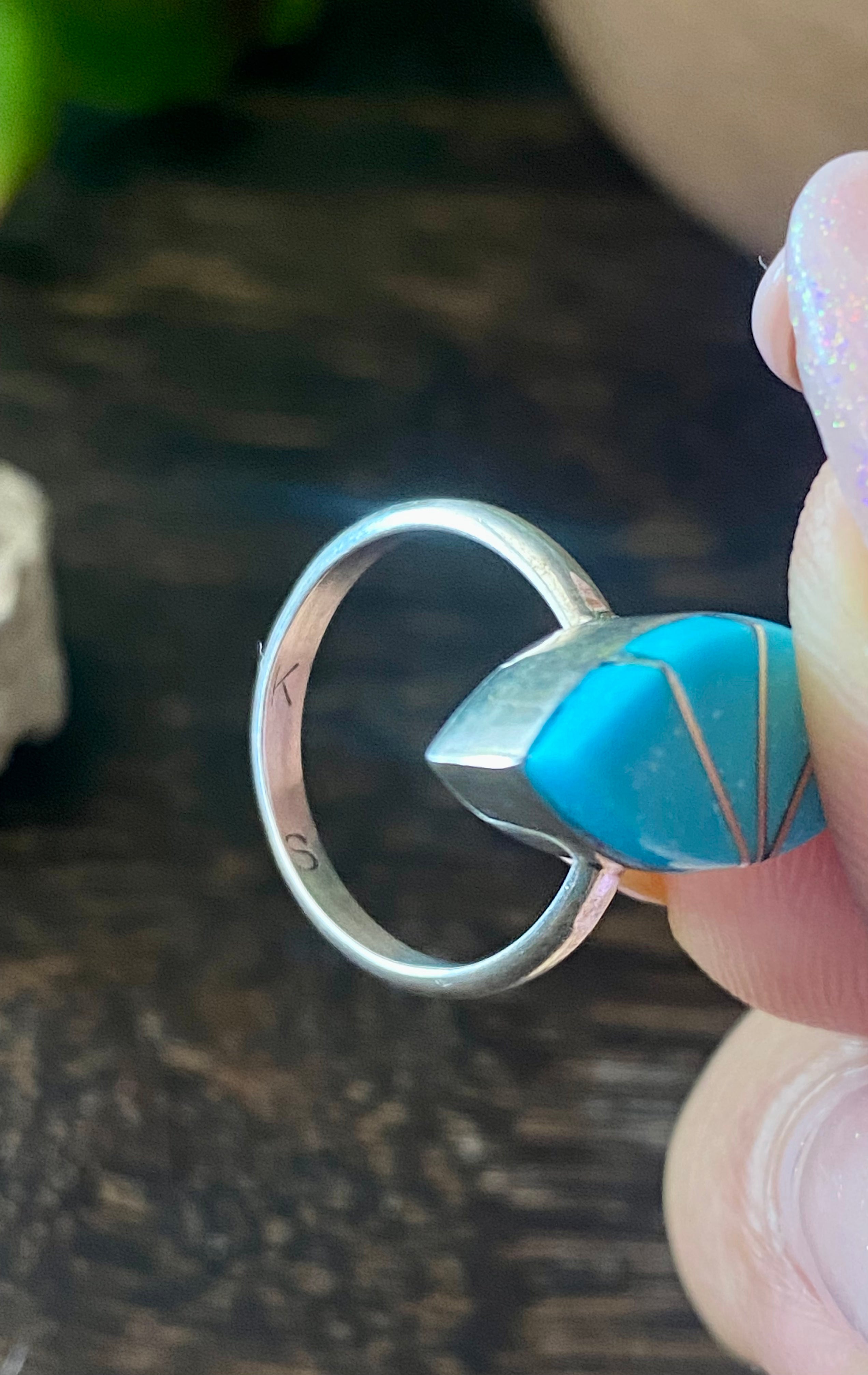 Zuni Made Turquoise & Sterling Silver Inlay Ring Size 4.75