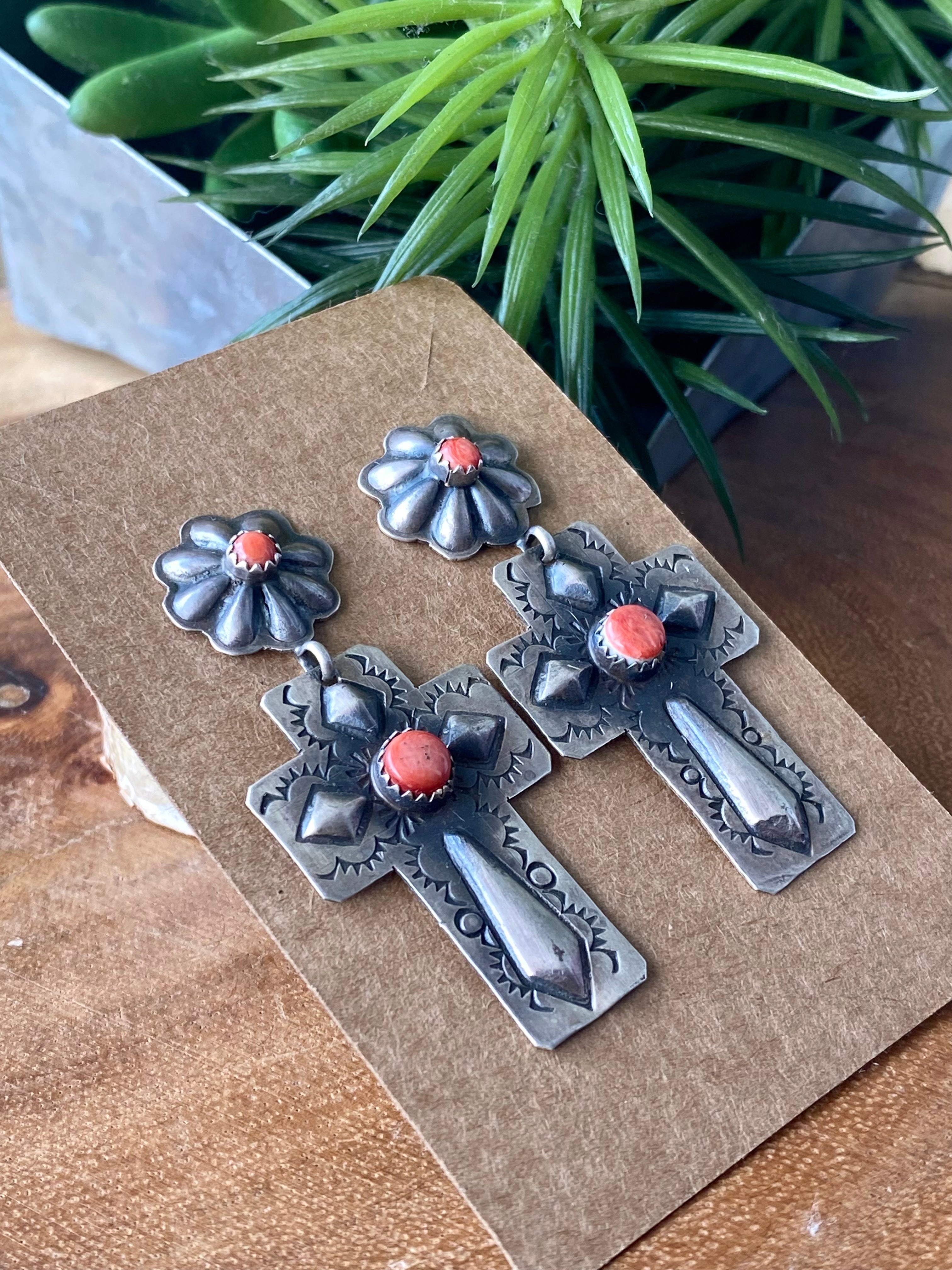 Navajo Coral & Sterling Silver Cross Post Dangle Earrings