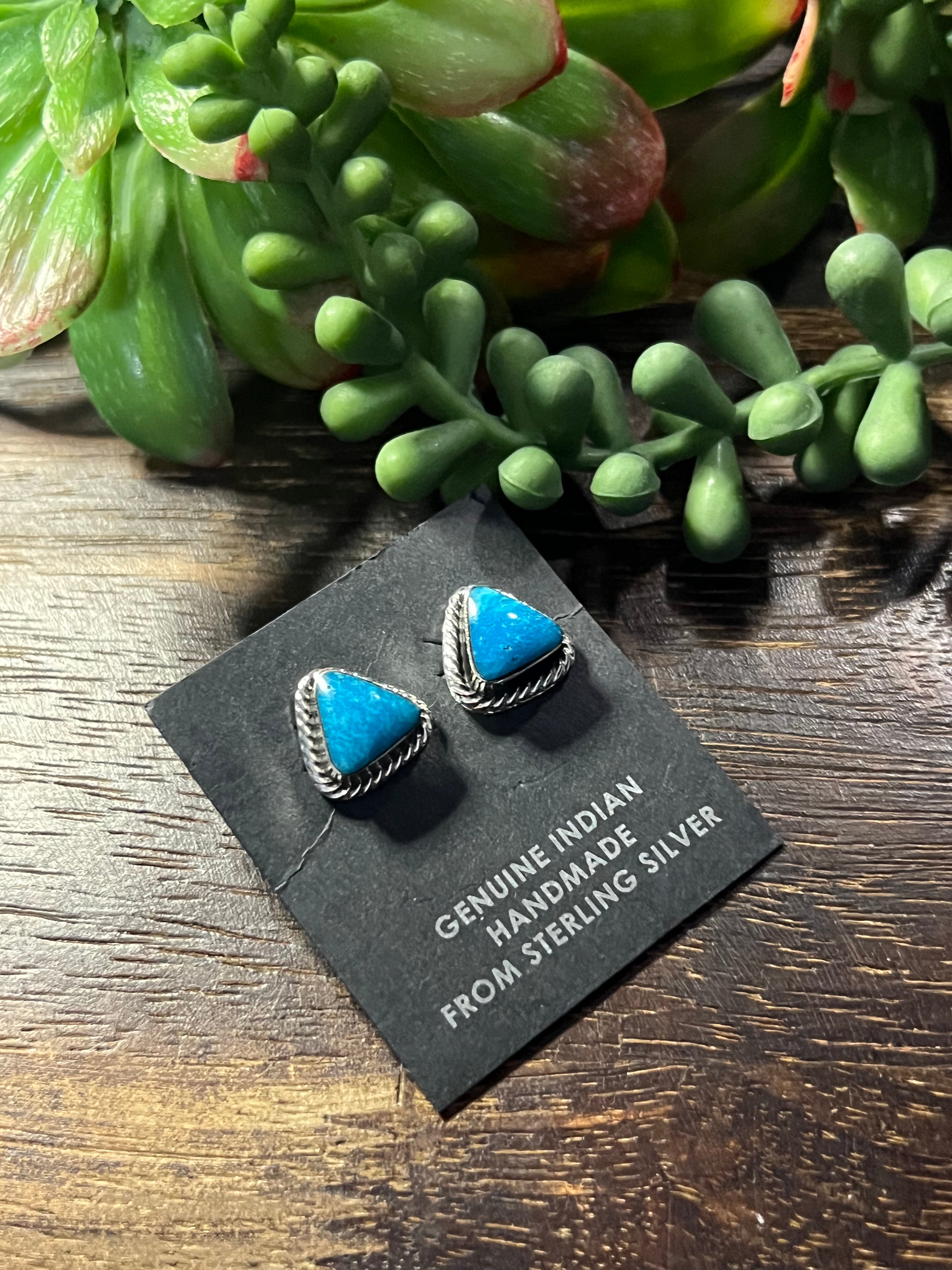 Navajo Made Kingman Turquoise & Sterling Silver Triangle Post Earrings