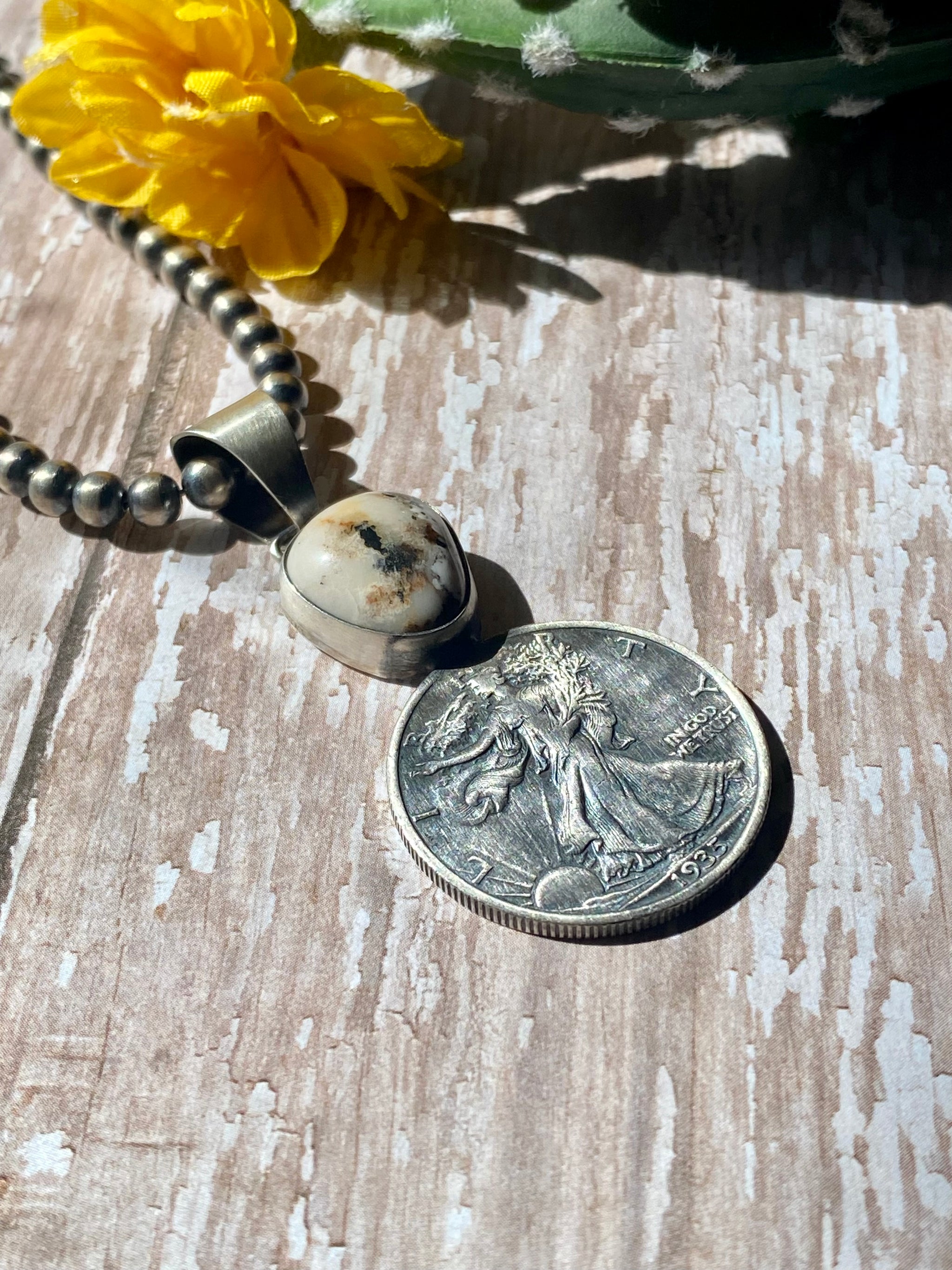 Navajo Made White Buffalo & Sterling Silver buy Liberty Dime Pendant