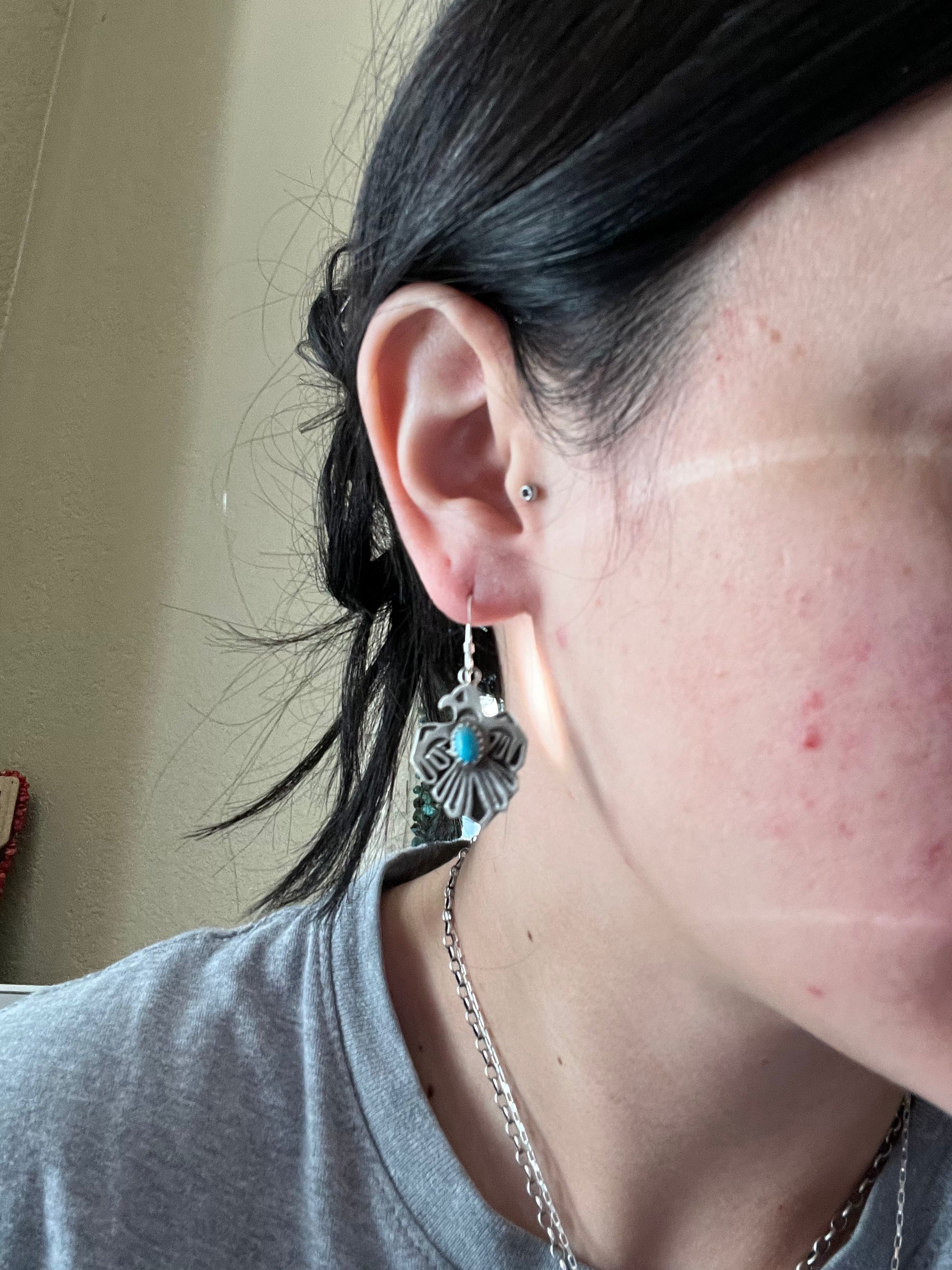 Genevieve Francisco Kingman Turquoise & Sterling Silver Thunderbird Dangle Earrings