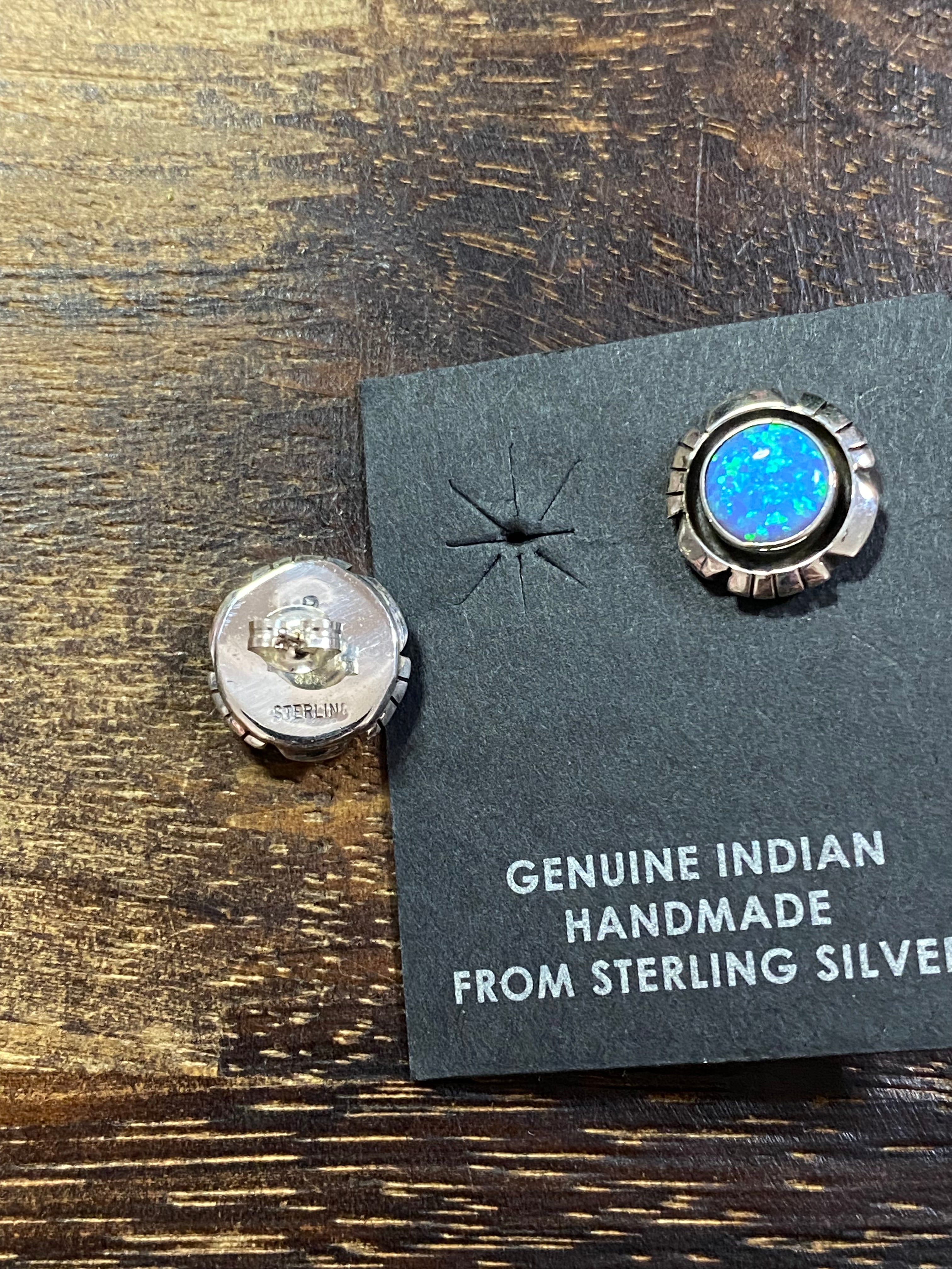 Navajo Made Blue Opal & Sterling Silver Shadowbox Post Earrings