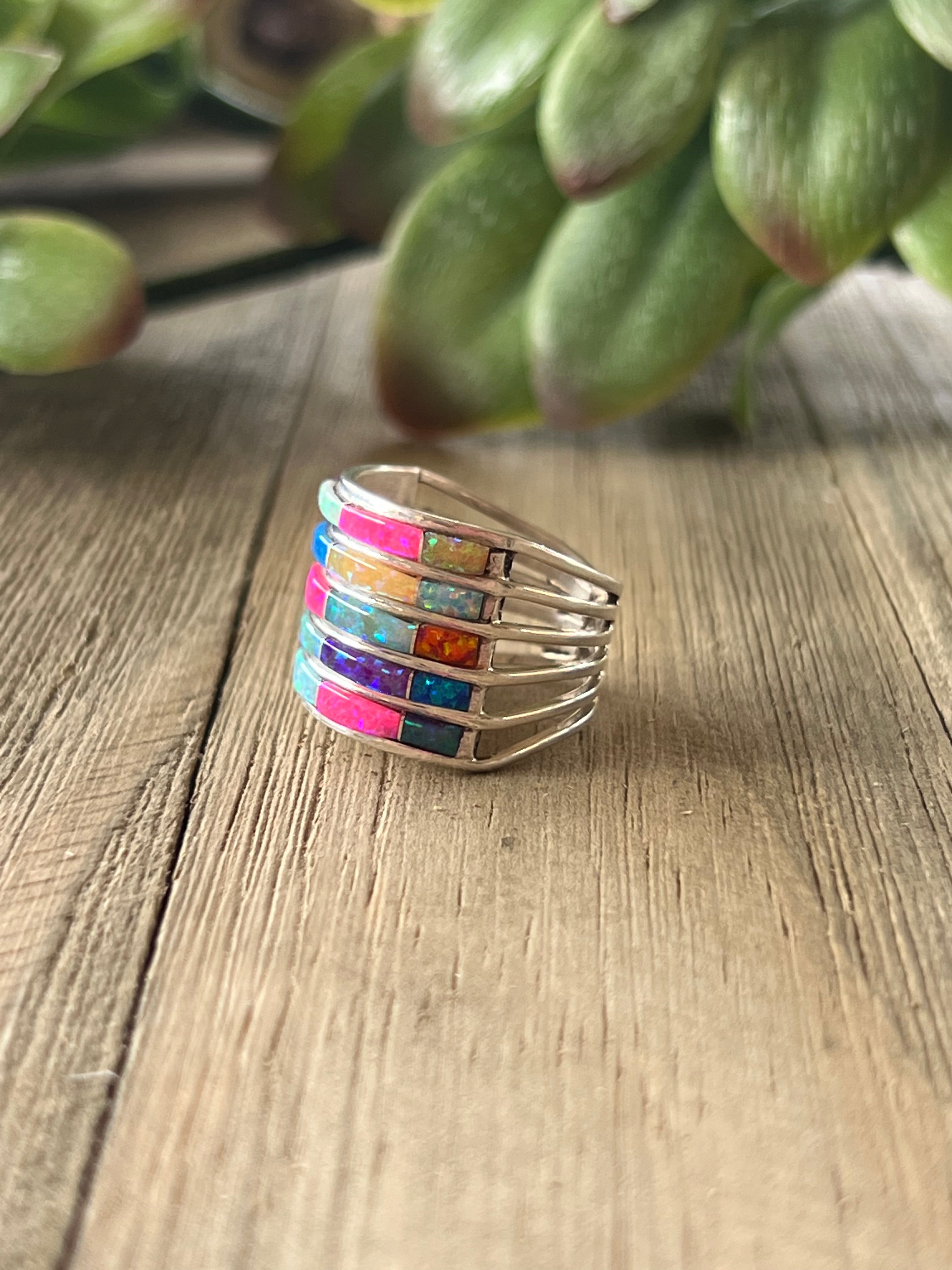 Zuni Made Multi Colored Opal (Man Made) & Sterling Silver Ring