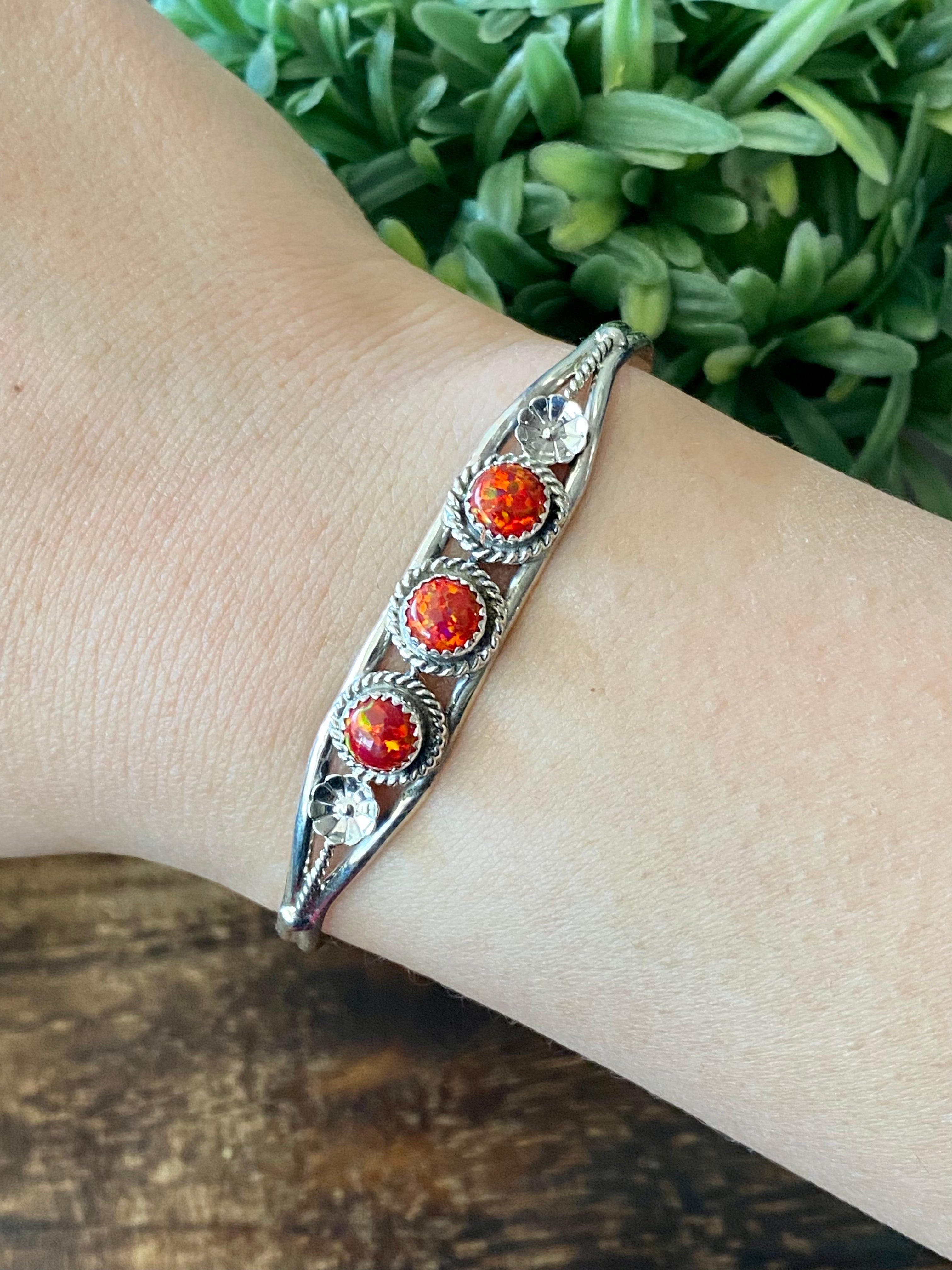 Navajo Made Red Opal & Sterling Silver Cuff Bracelet