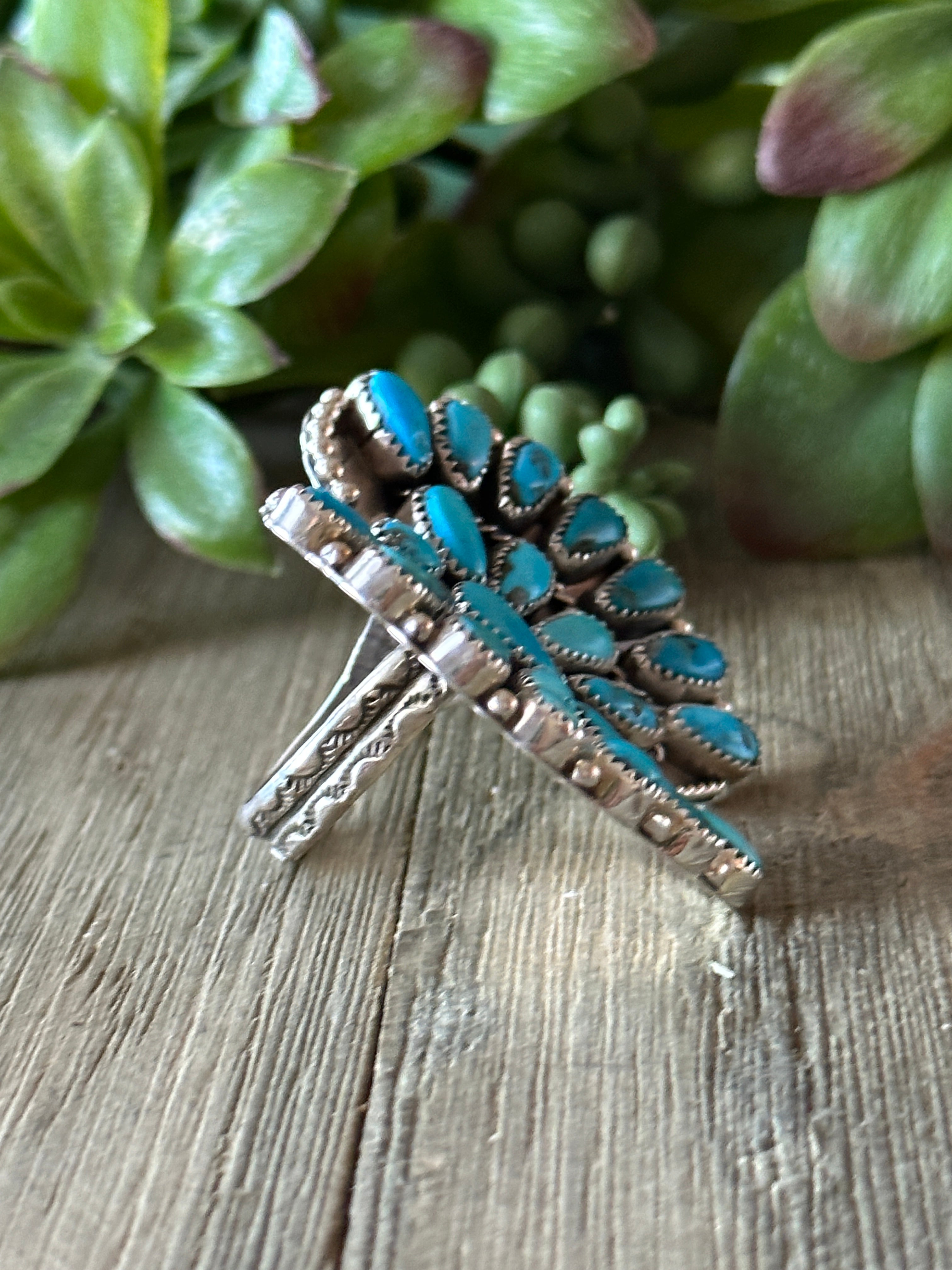 Navajo Made Kingman Turquoise & Sterling Silver Butterfly Cluster Adjustable Ring