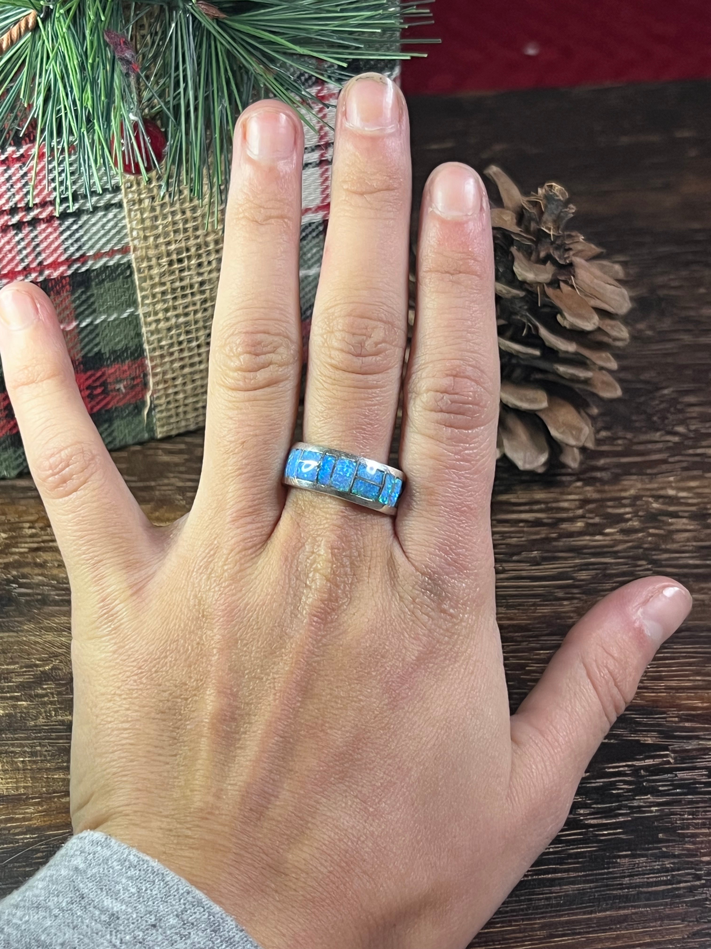 Navajo Made Blue Opal (Man Made) & Sterling Silver Ring