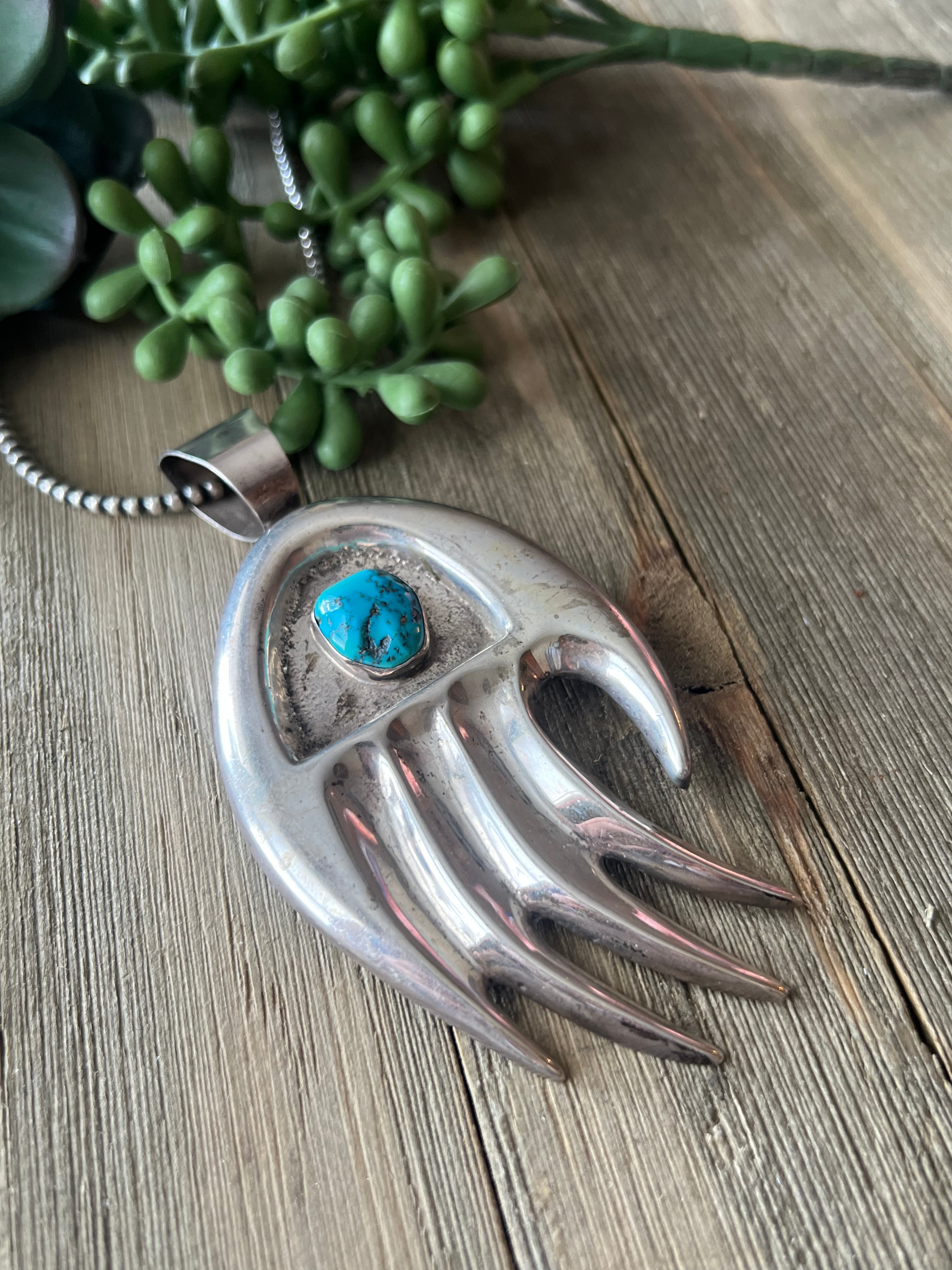 Navajo Made Kingman Turquoise & Sterling Silver Claw Pendant