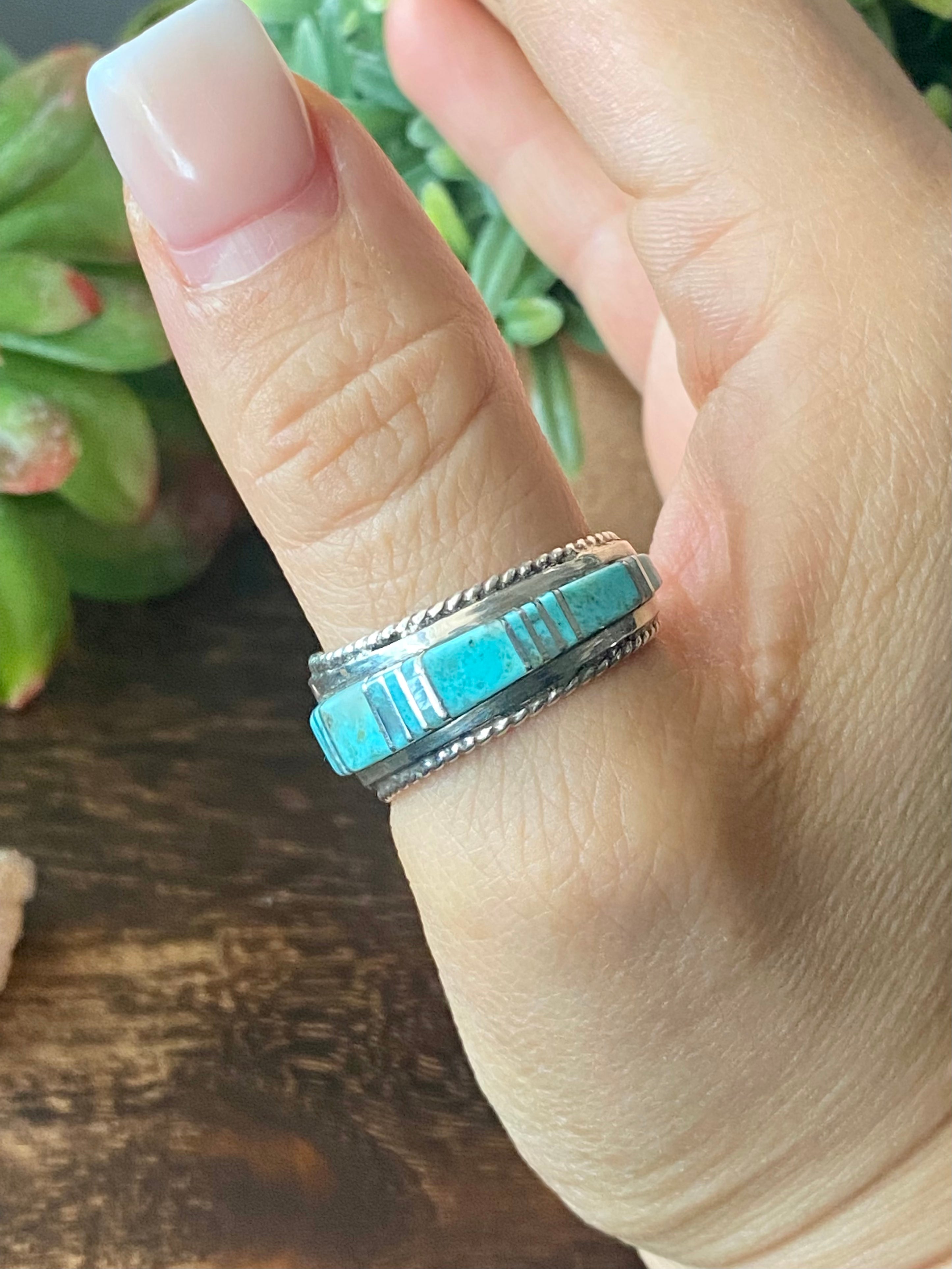 Navajo Made Kingman Turquoise & Sterling Silver Inlay Ring Size 11.5