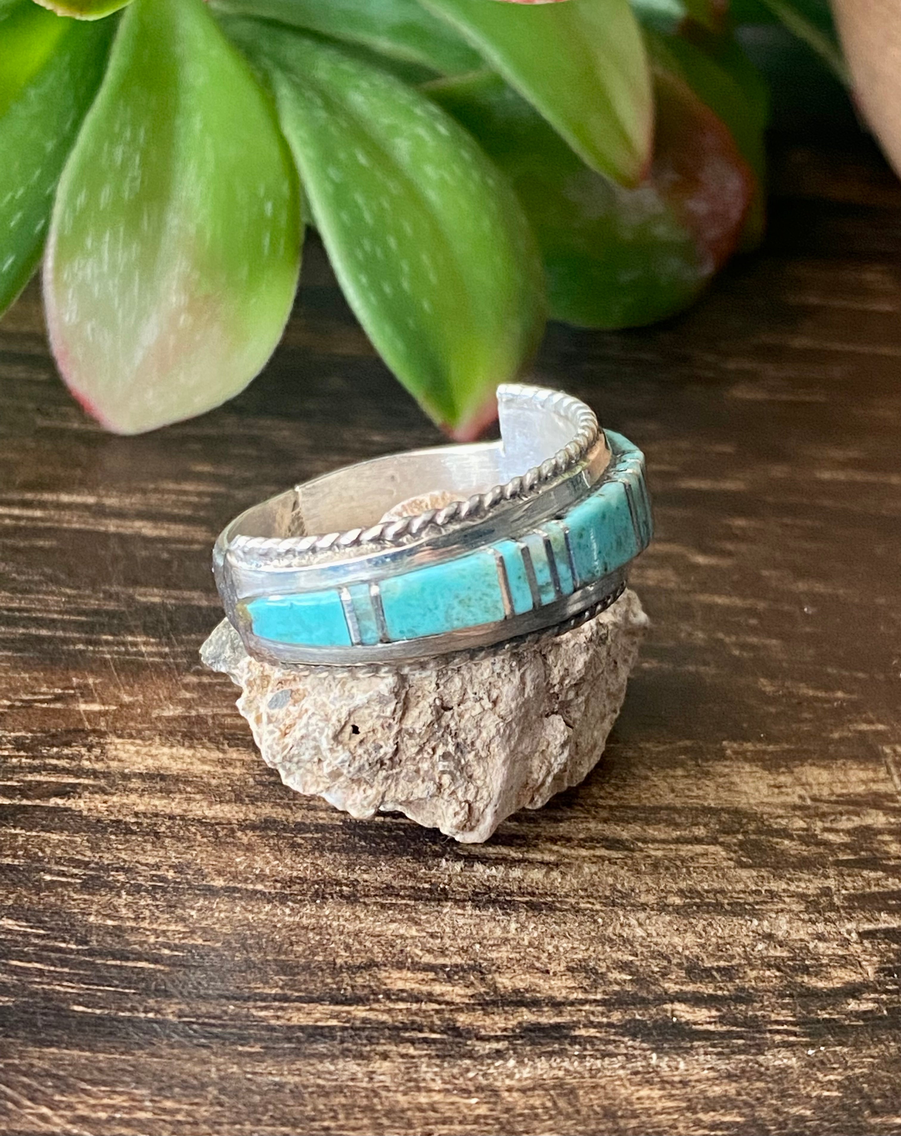 Navajo Made Kingman Turquoise & Sterling Silver Inlay Ring Size 11.5
