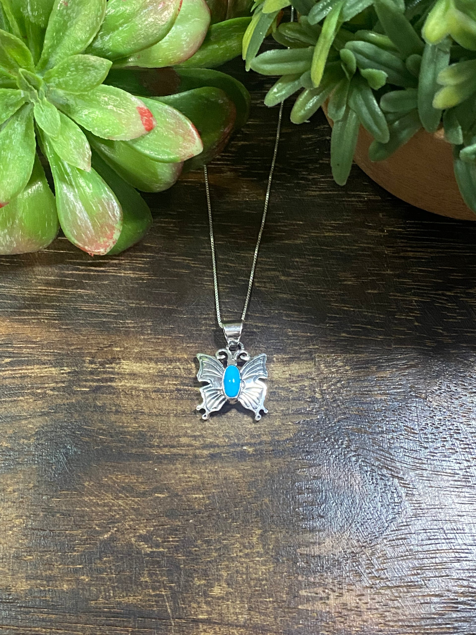 Navajo Made Kingman Turquoise & Sterling Silver Butterfly Necklace