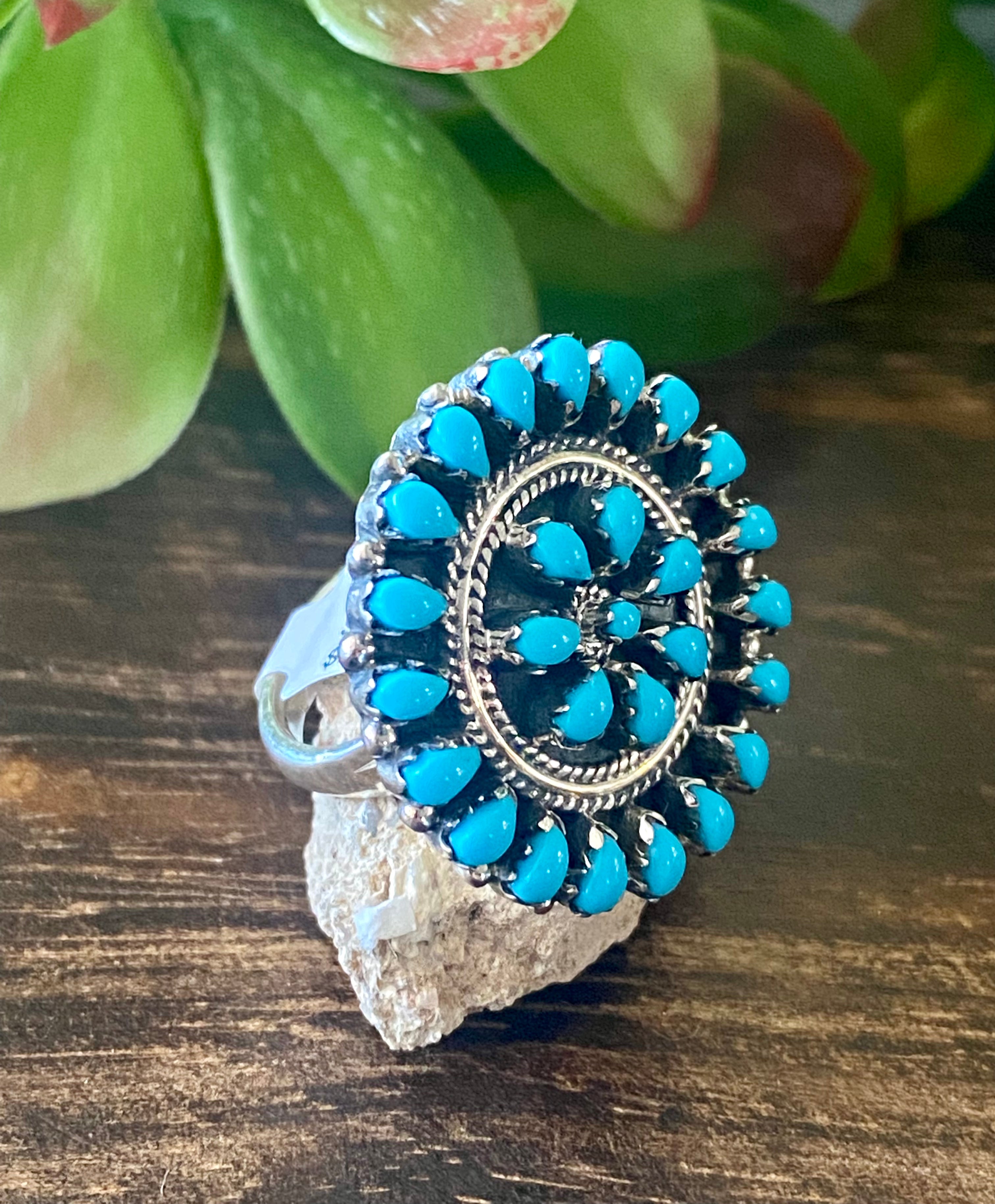 Southwest Handmade Sleeping Beauty Turquoise & Sterling Silver Cluster Ring Size 8.75