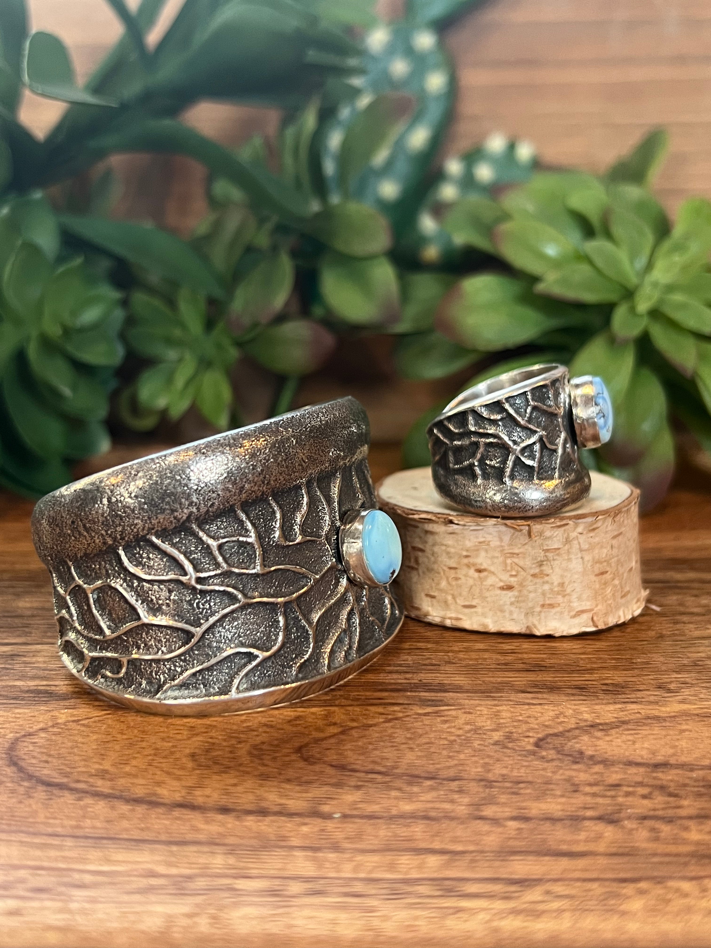Navajo Golden Hill Turquoise & Sterling Silver Tufa Cast Cuff & Ring Set Size 11