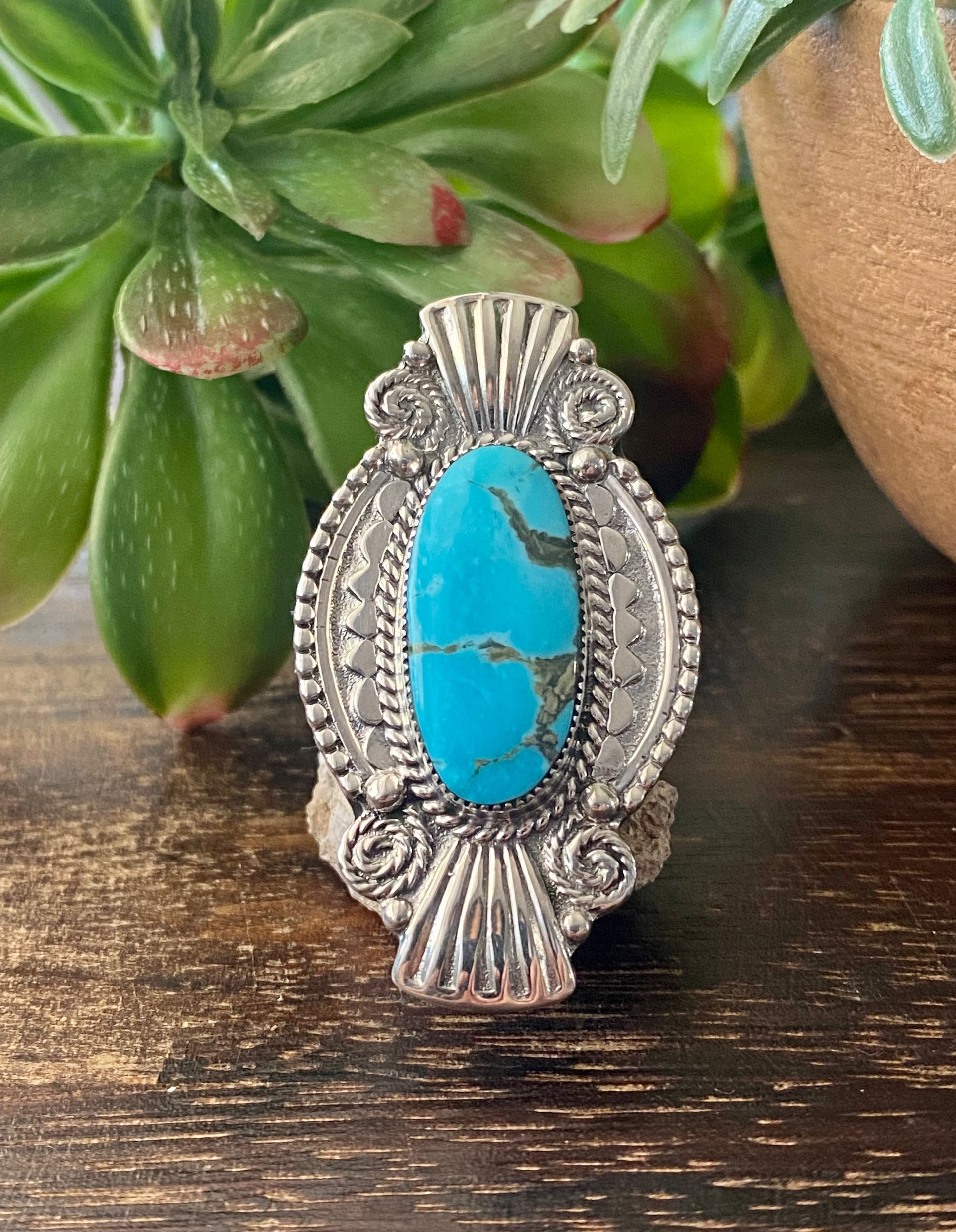 Navajo Made Kingman Turquoise & Sterling Silver Ring Size 8.5
