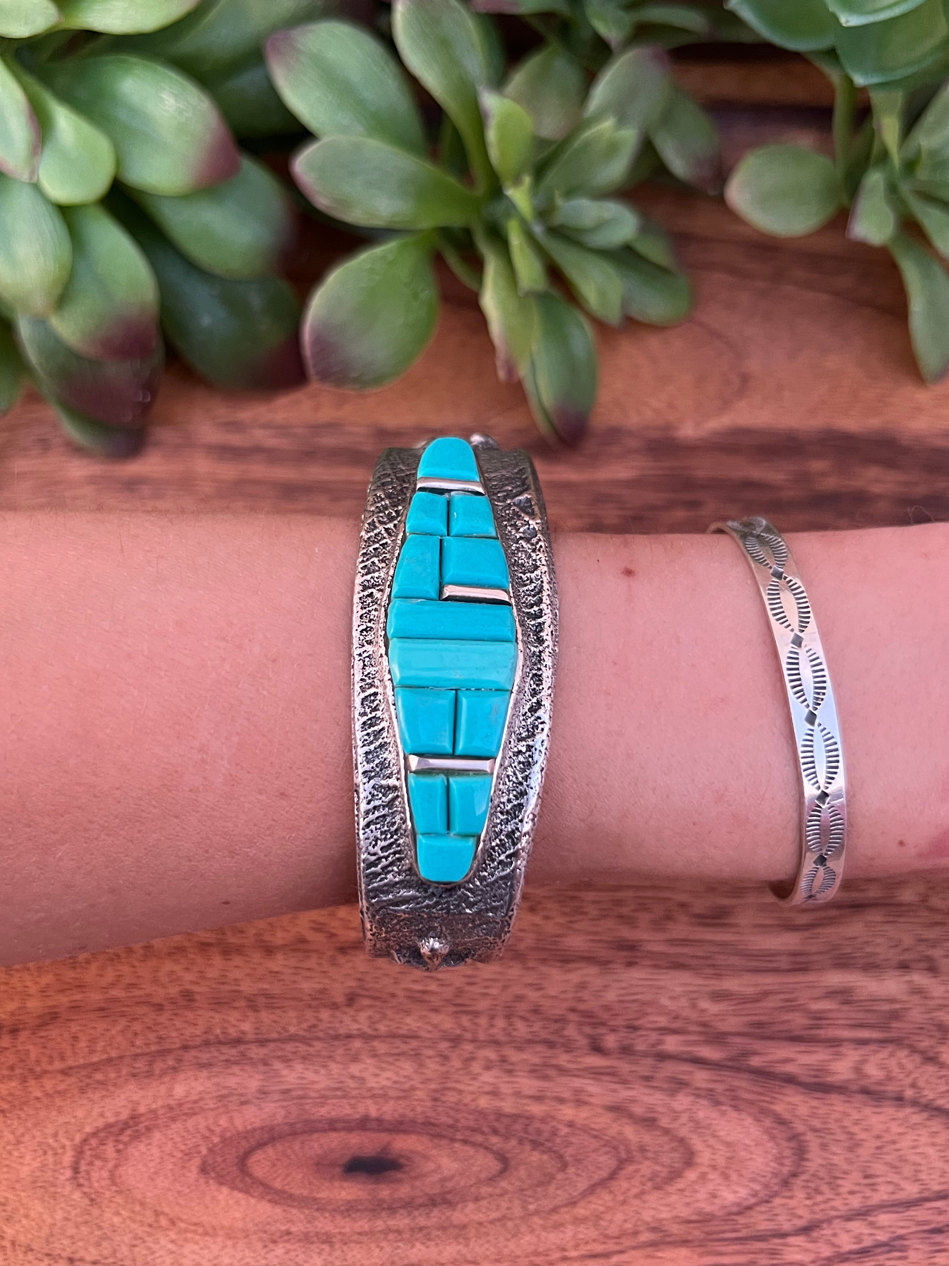 Navajo Kingman Turquoise & Sterling Silver Cobblestone Tufa Cast Cuff Bracelet