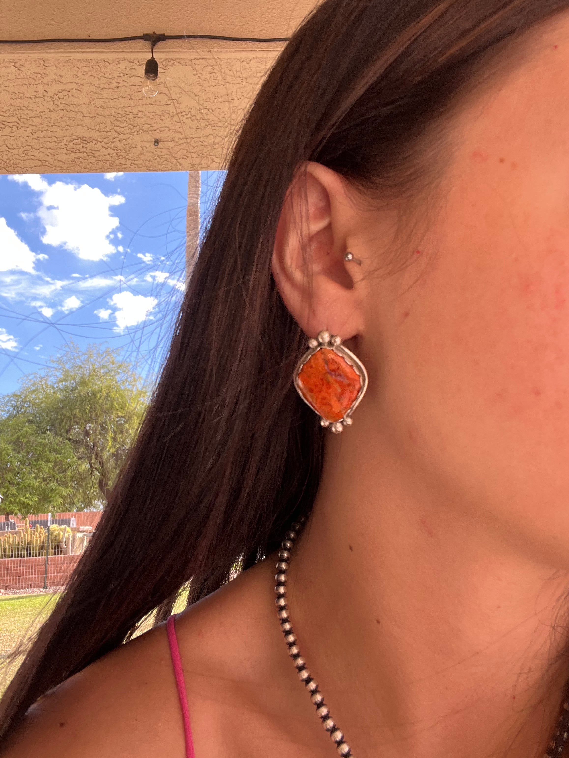 Navajo Made Apple Coral & Sterling Silver Post Earrings