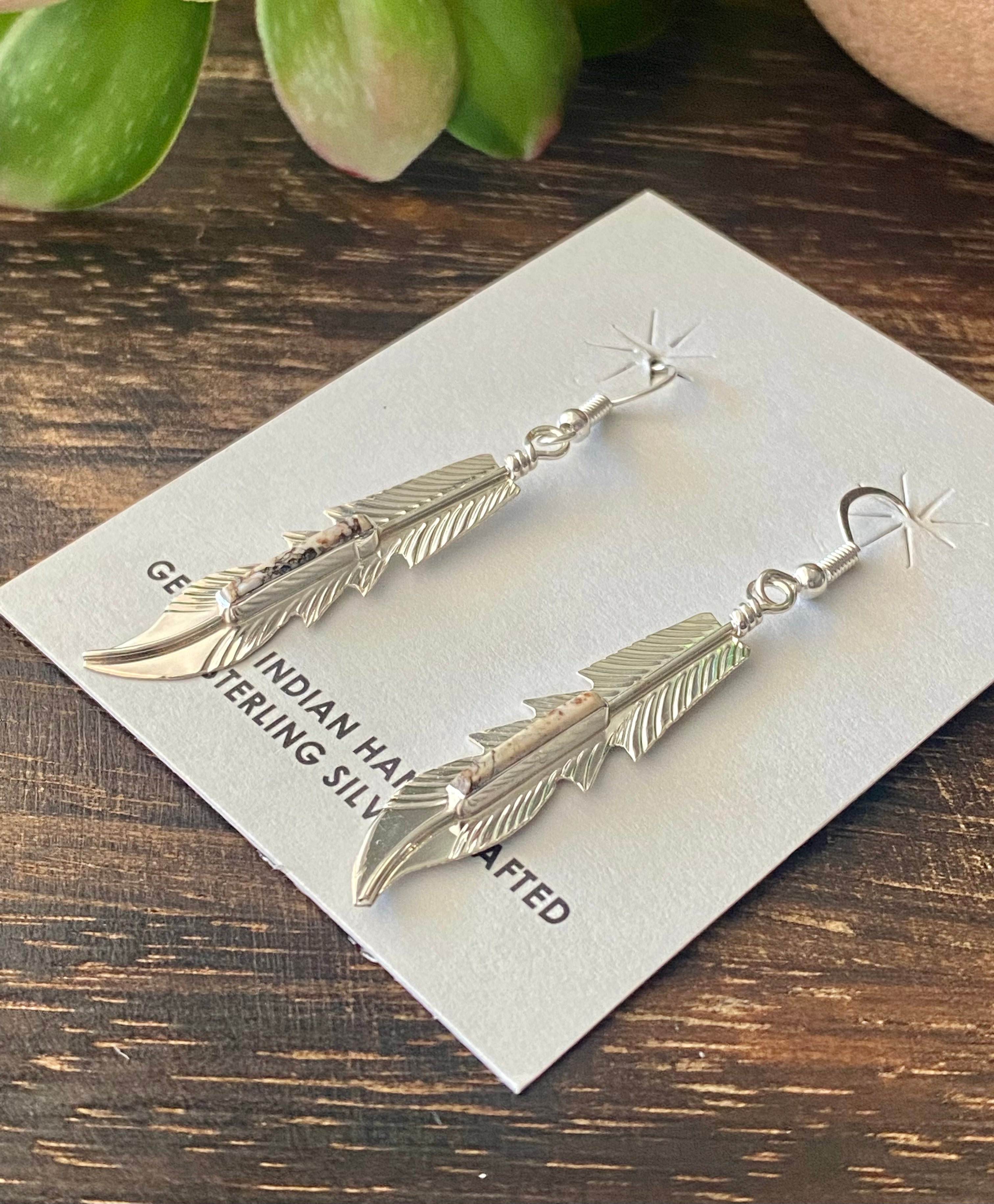 Allen Barney Wild Horse & Sterling Silver Feather Dangle Earrings