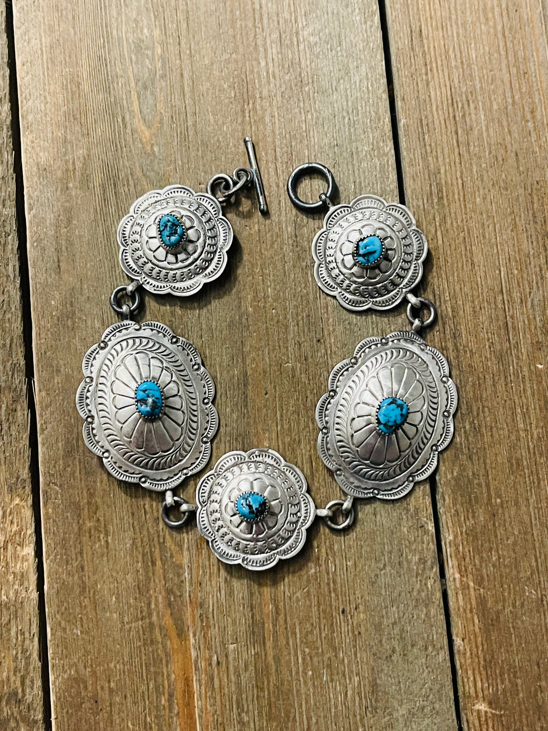Bobby Francis Kingman Turquoise & Sterling Silver Concho Link Bracelet