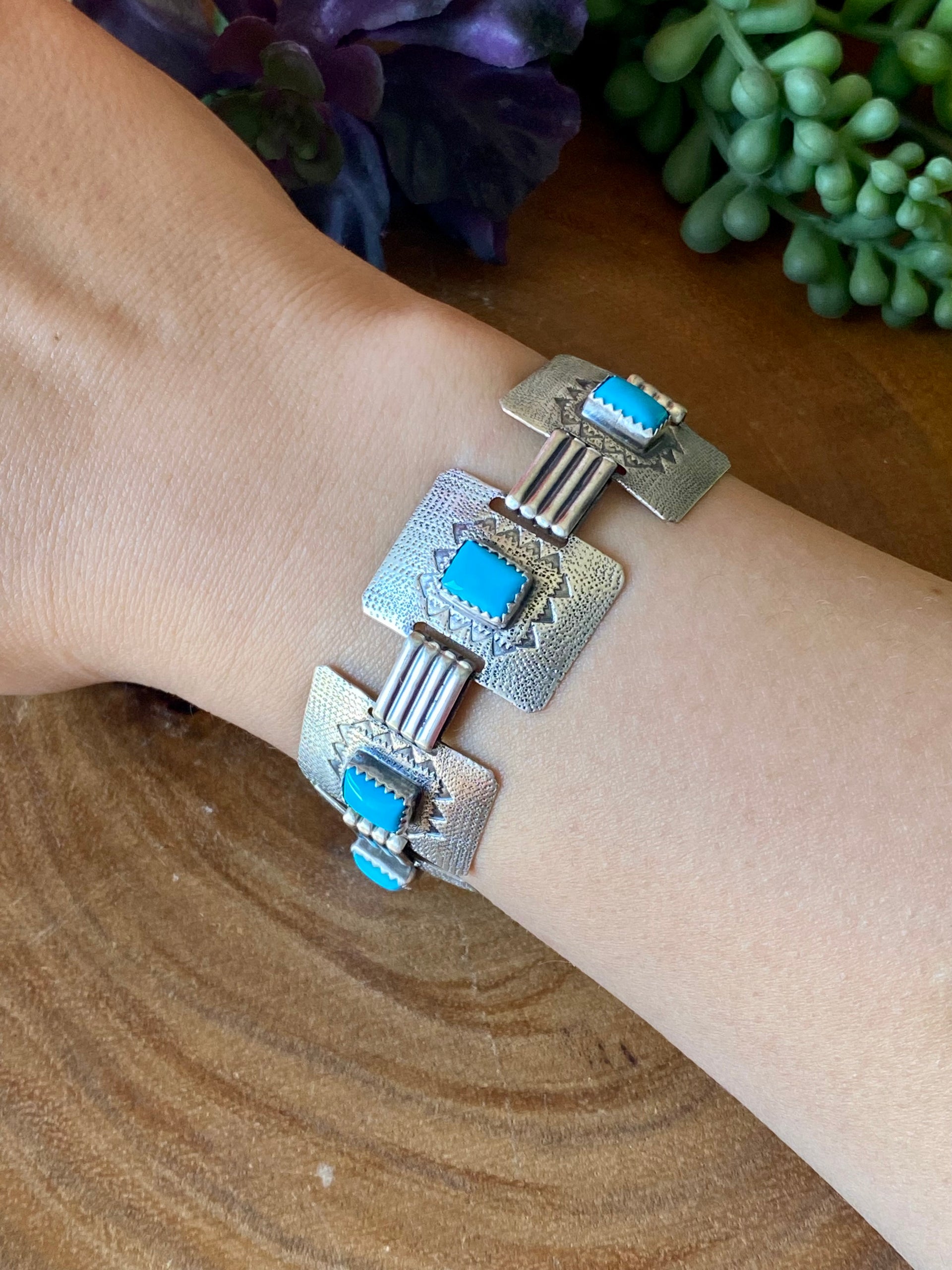 Navajo Made Sleeping Beauty Turquoise & Sterling Silver Link Bracelet