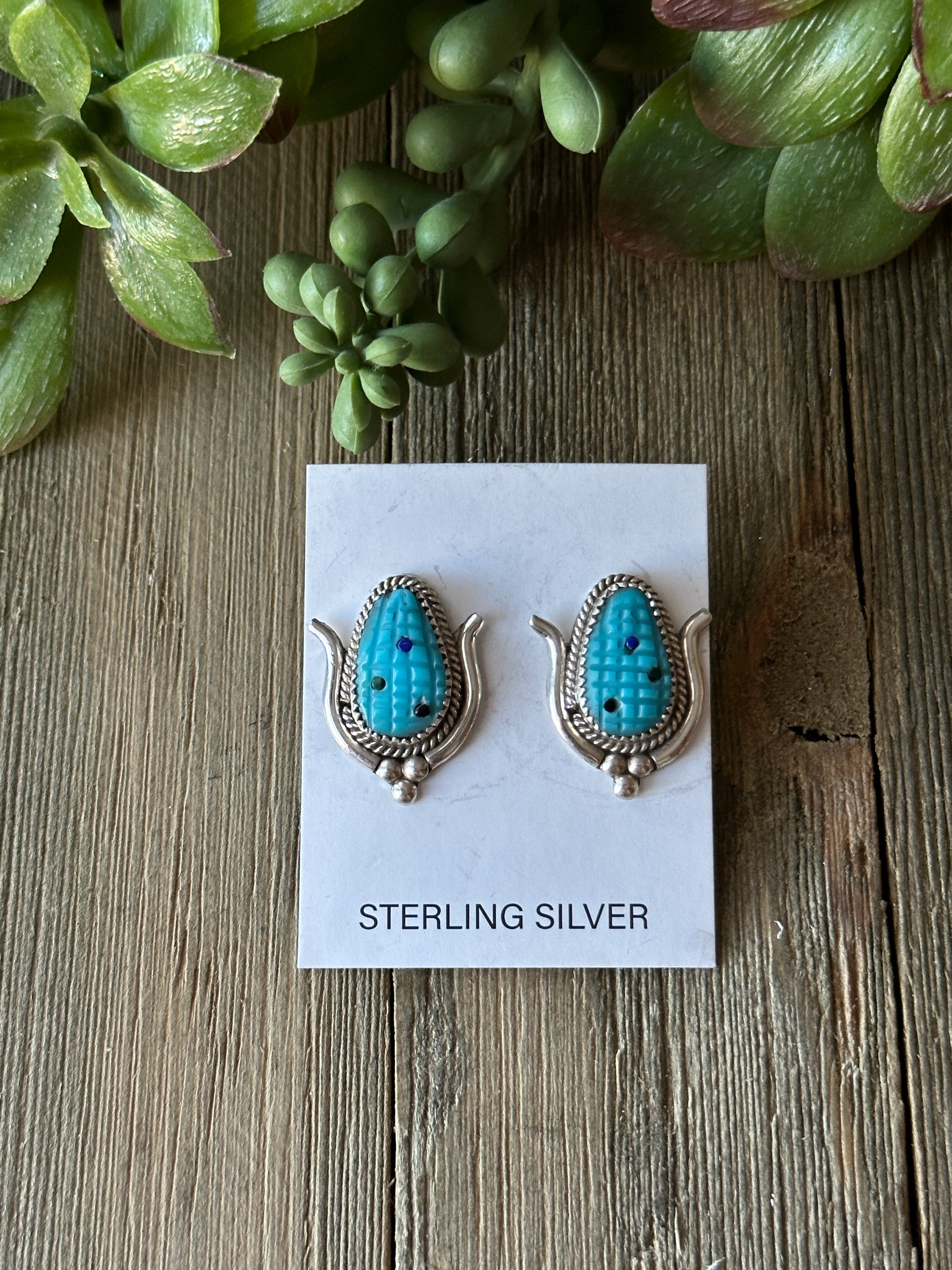 Zuni Made Multi Stone & Sterling Silver & Sterling Silver Post Corn Earrings