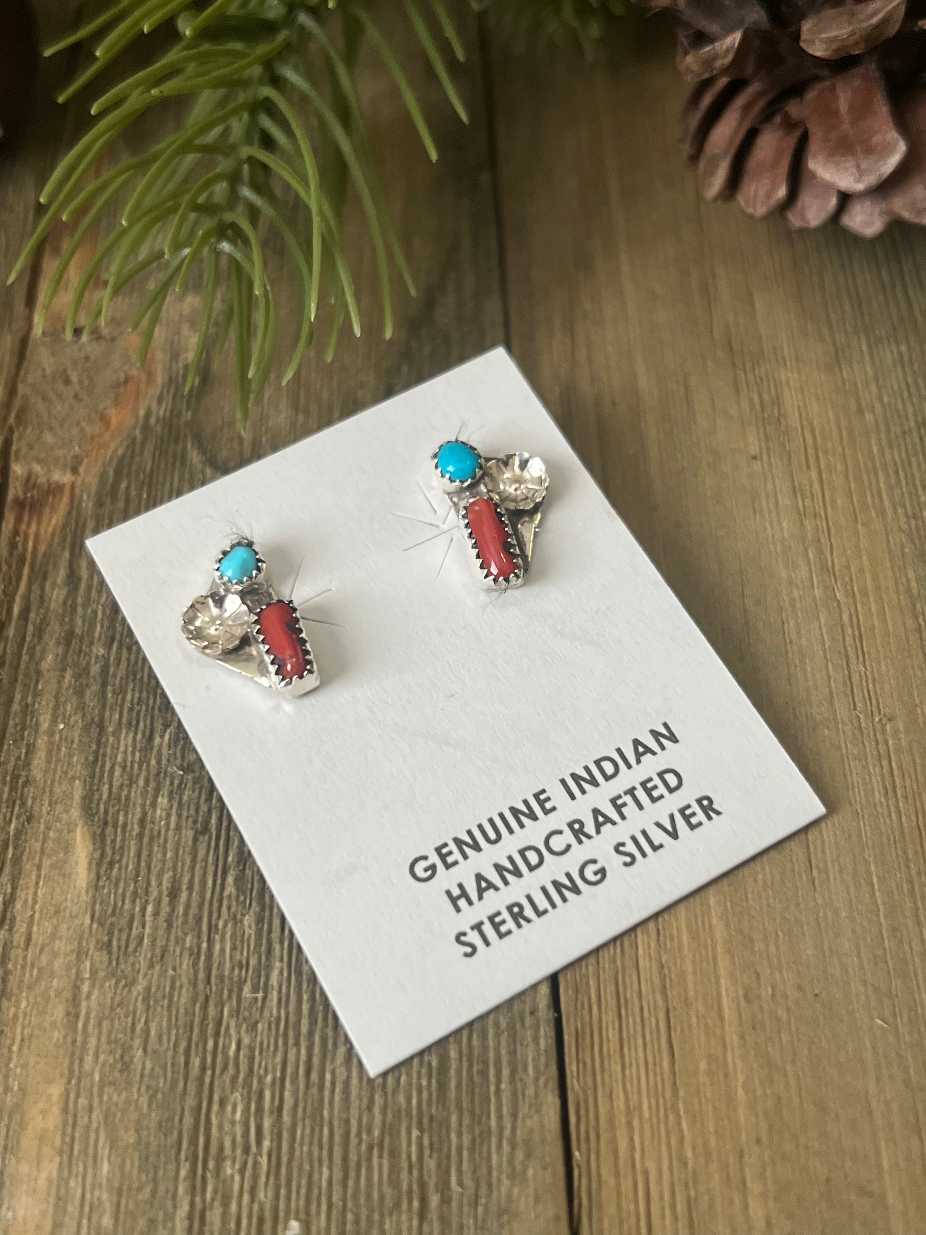 Navajo Made Multi Stone & Sterling Silver Post Earrings