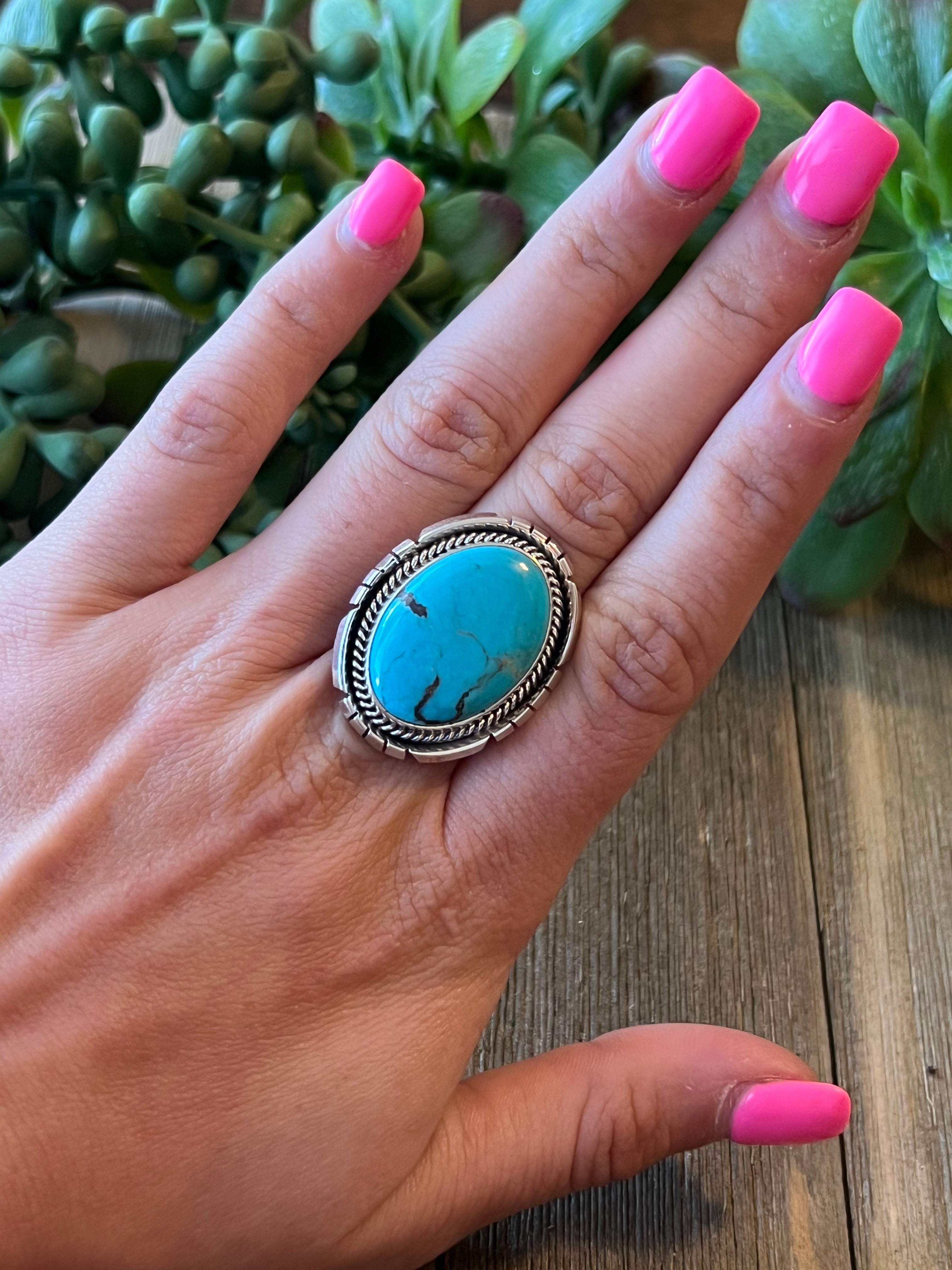 Navajo Made Kingman Turquoise & Sterling Silver Ring Size 5.75