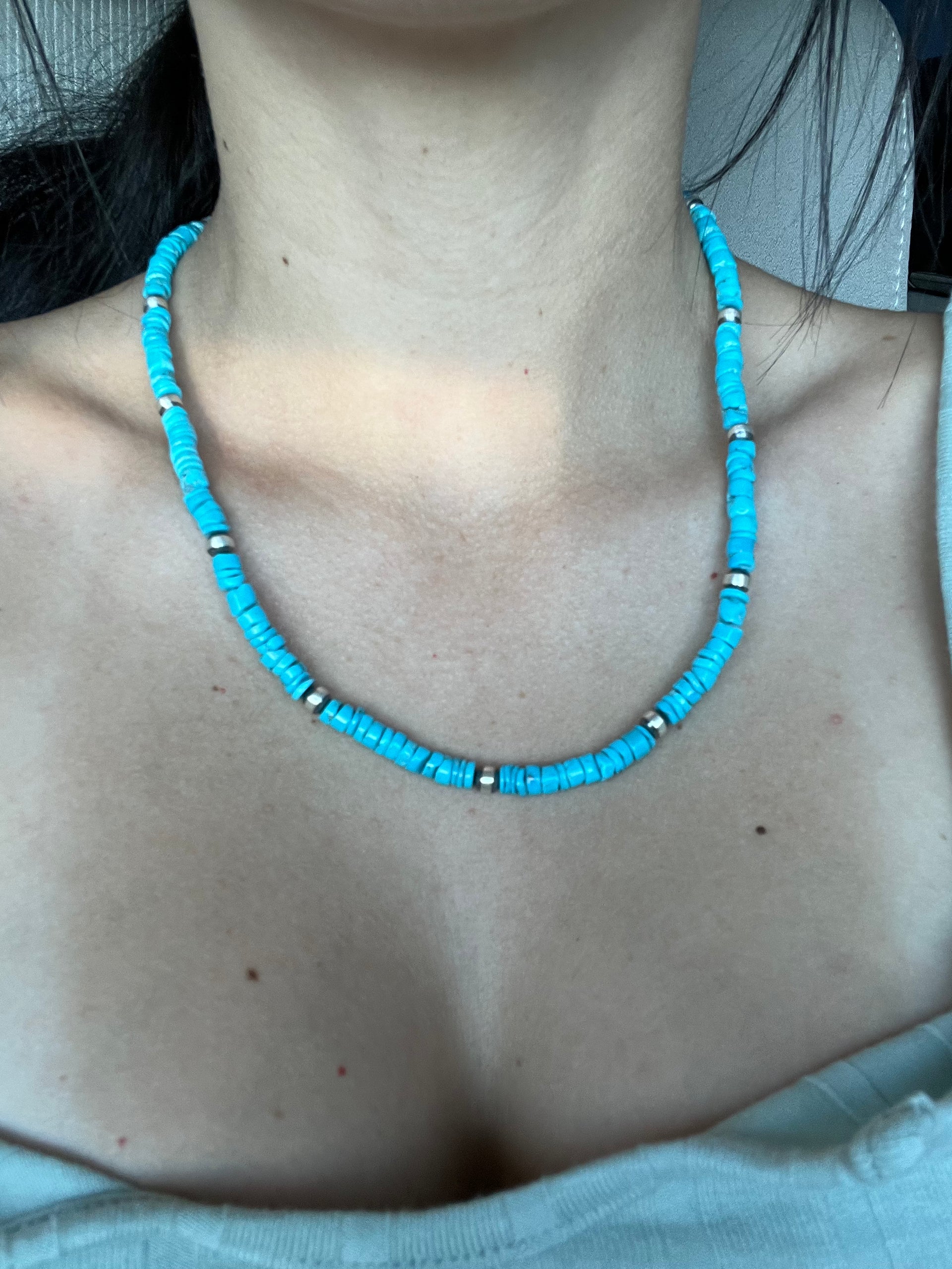 Navajo Strung Kingman Turquoise & Sterling Silver 6MM Pearl Necklace