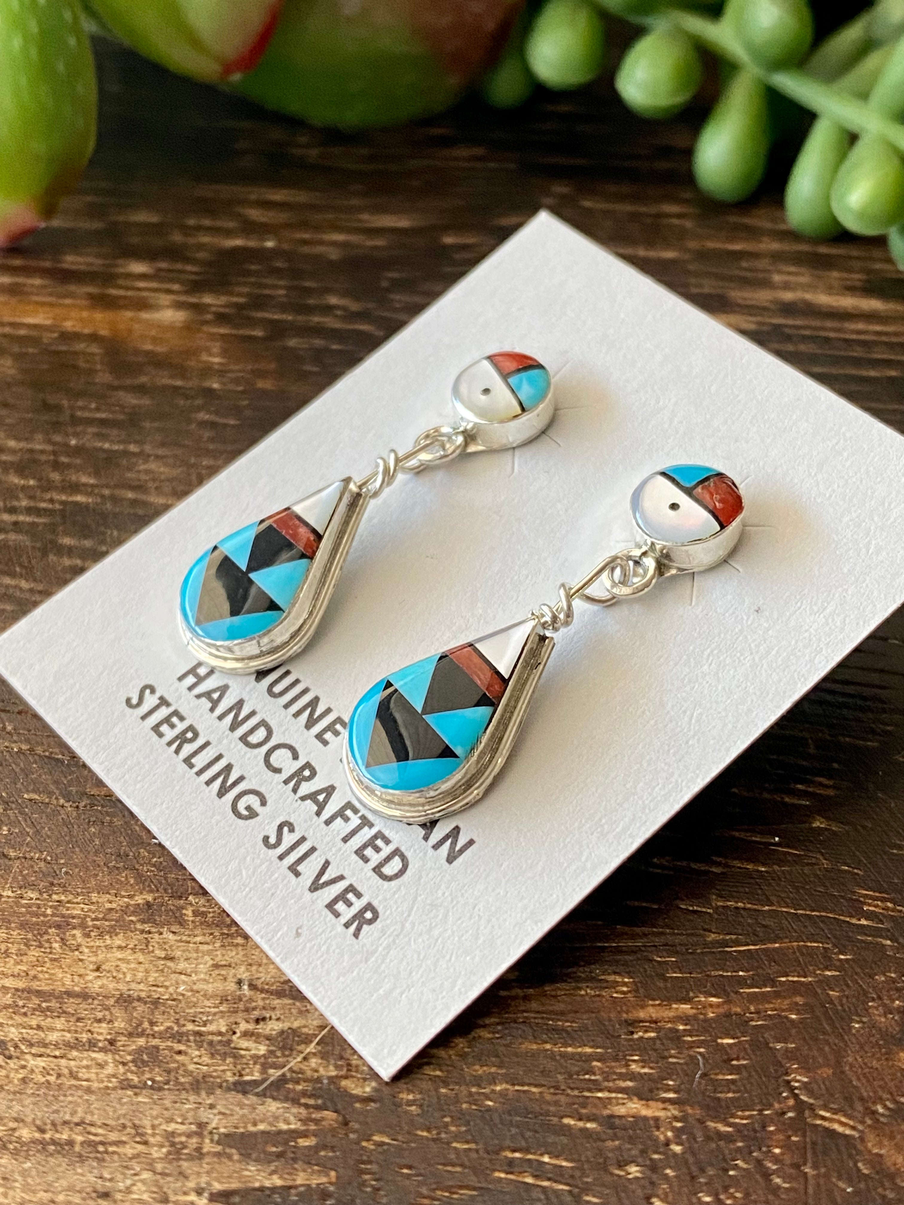 Clifton Cheama Multi Stone & Sterling Silver Inlay Post Dangle Earrings