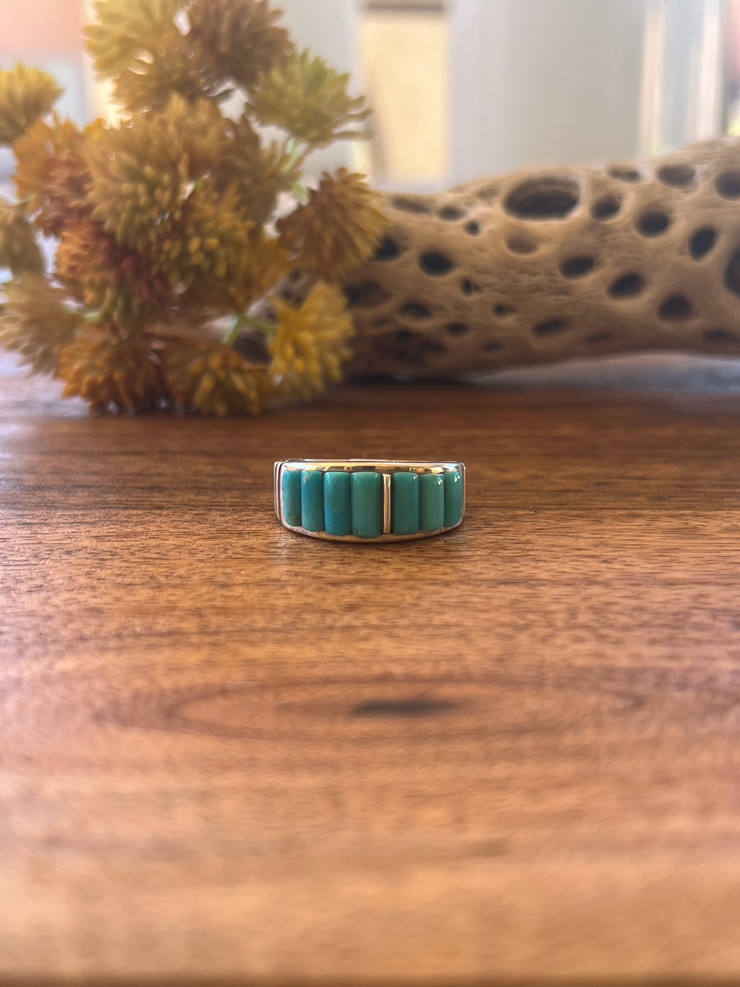 Allen Lee Kingman Turquoise & Sterling Silver Inlay Ring Size 9.5