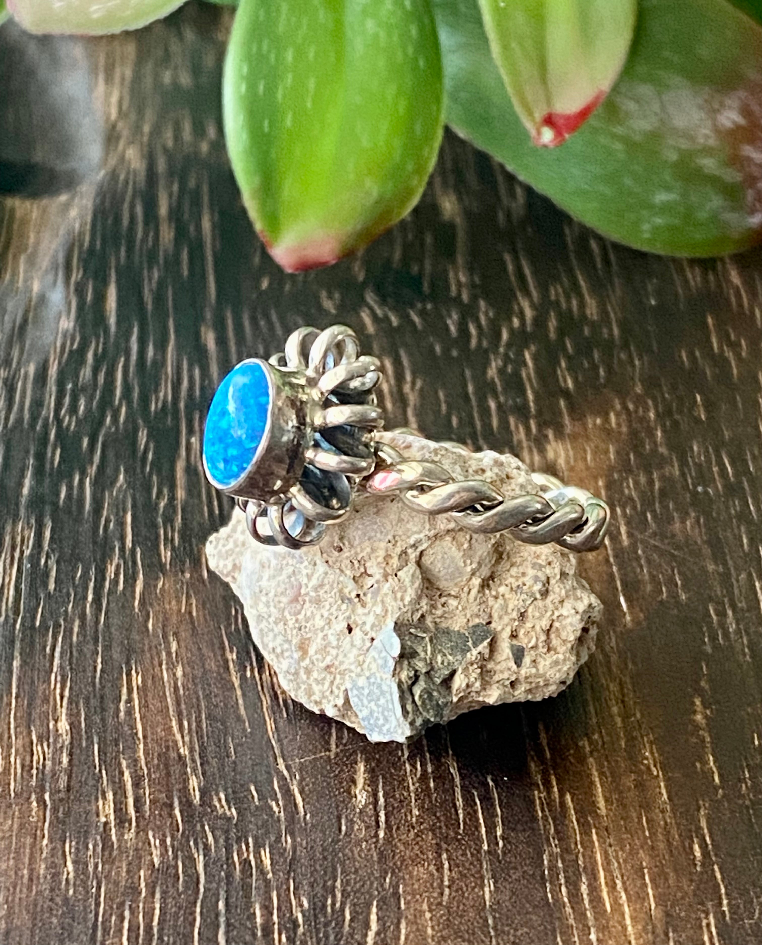 Navajo Made Blue Opal & Sterling Silver Ring Size 6.25