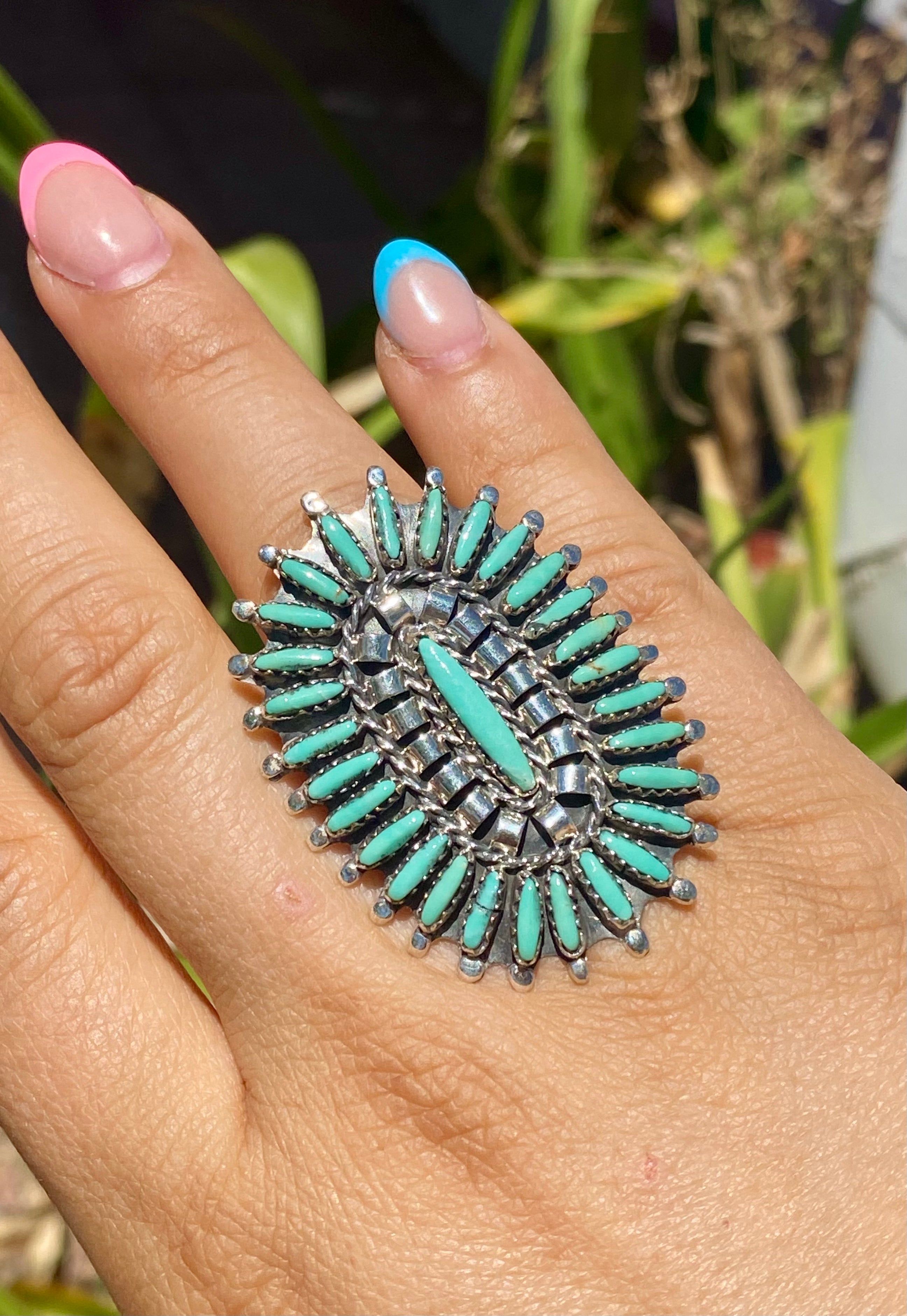 Leander Nez Kingman Turquoise & Sterling Silver Needlepoint Ring Size 8