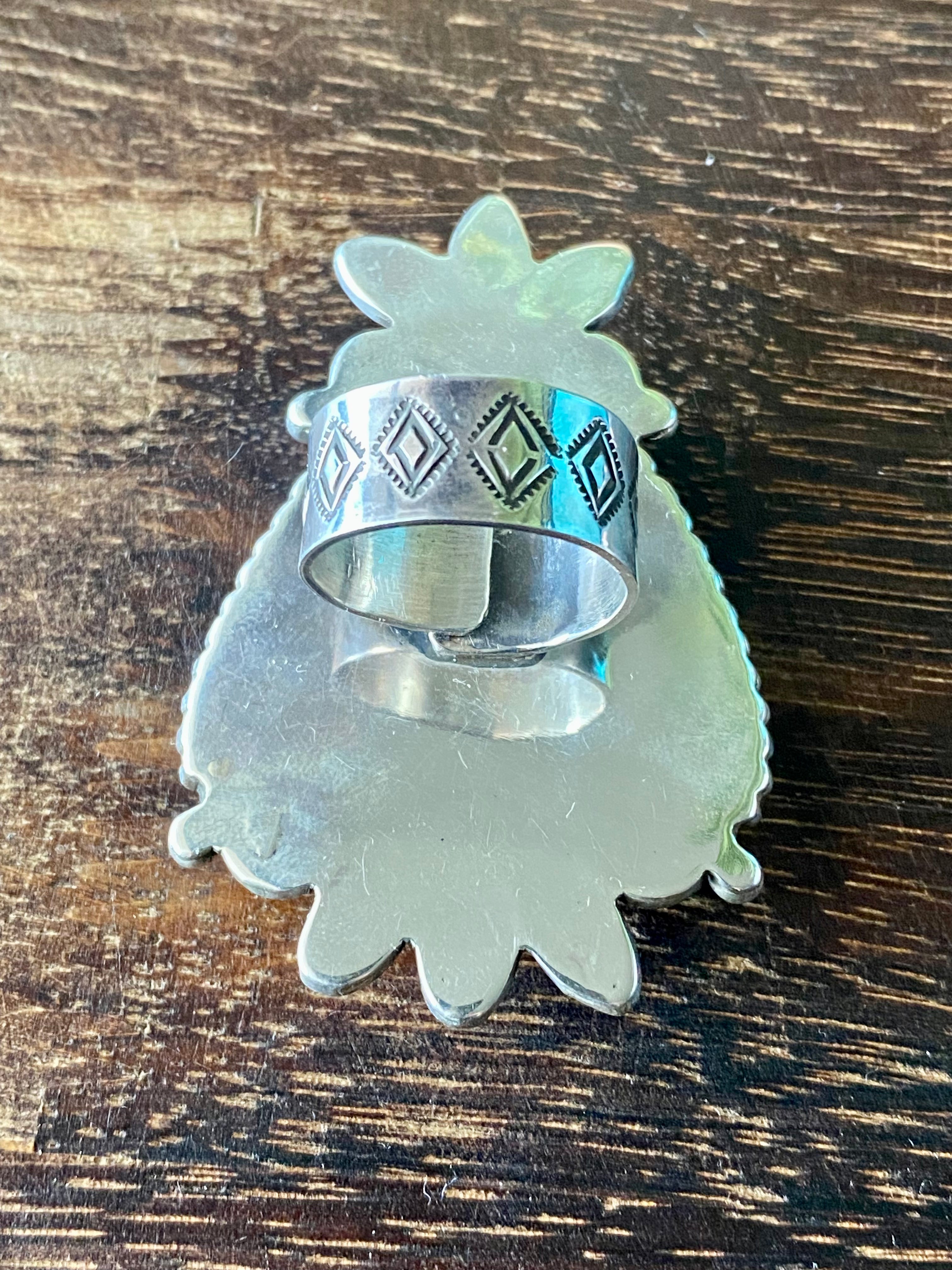 Alex Sanchez Turquoise Mountain & Sterling Silver Adjustable Ring Size 8